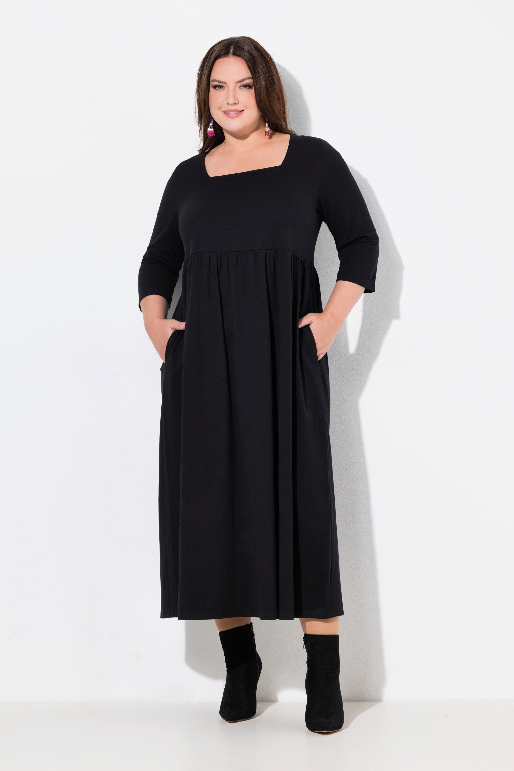 Ulla Popken Maxikleid Jerseykleid A-Linie Carré-Ausschnitt 3/4-Arm