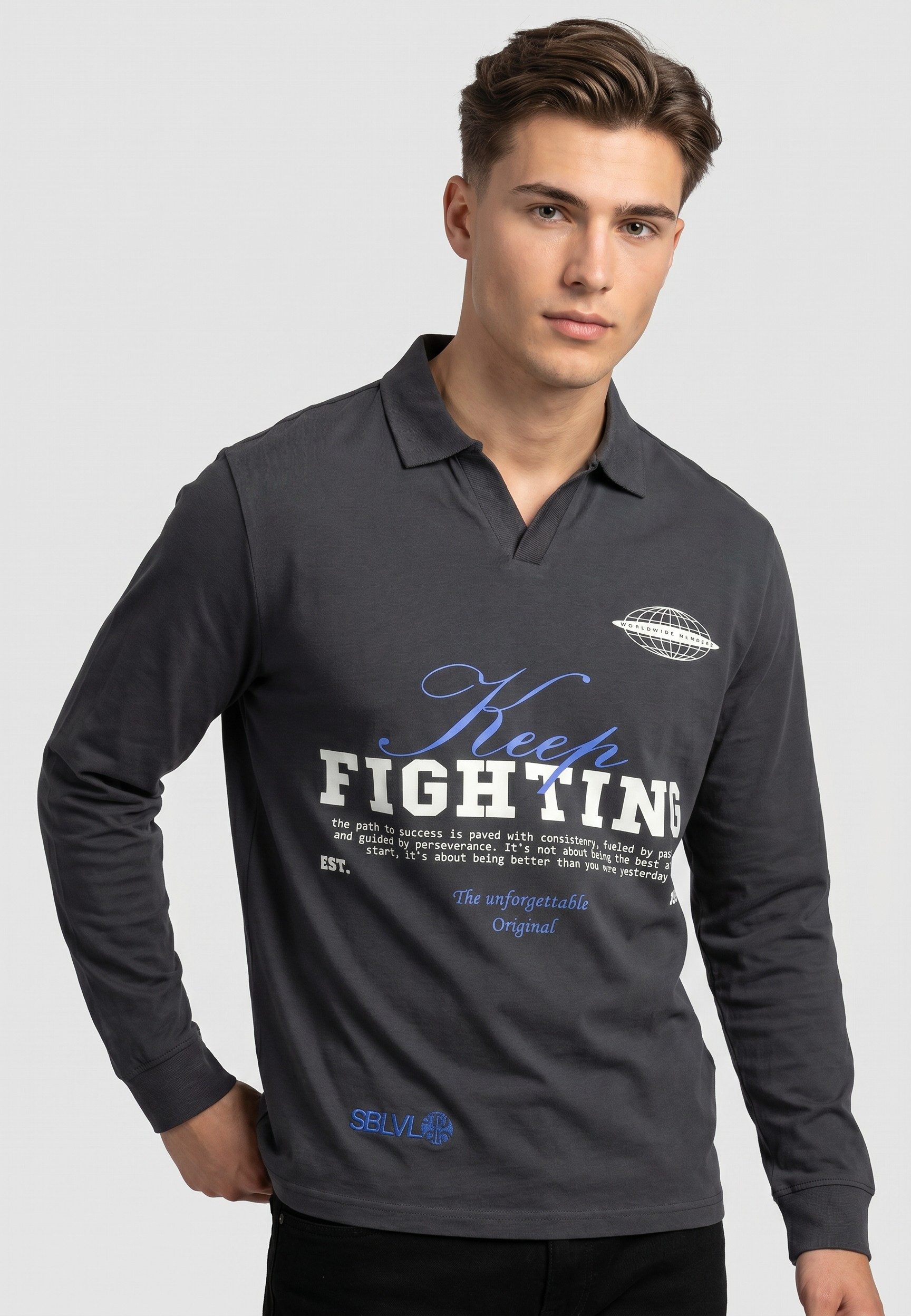 SUBLEVEL Longsleeve Herren Polo Longsleeve mit Print Polokragen, Baumwollshirt
