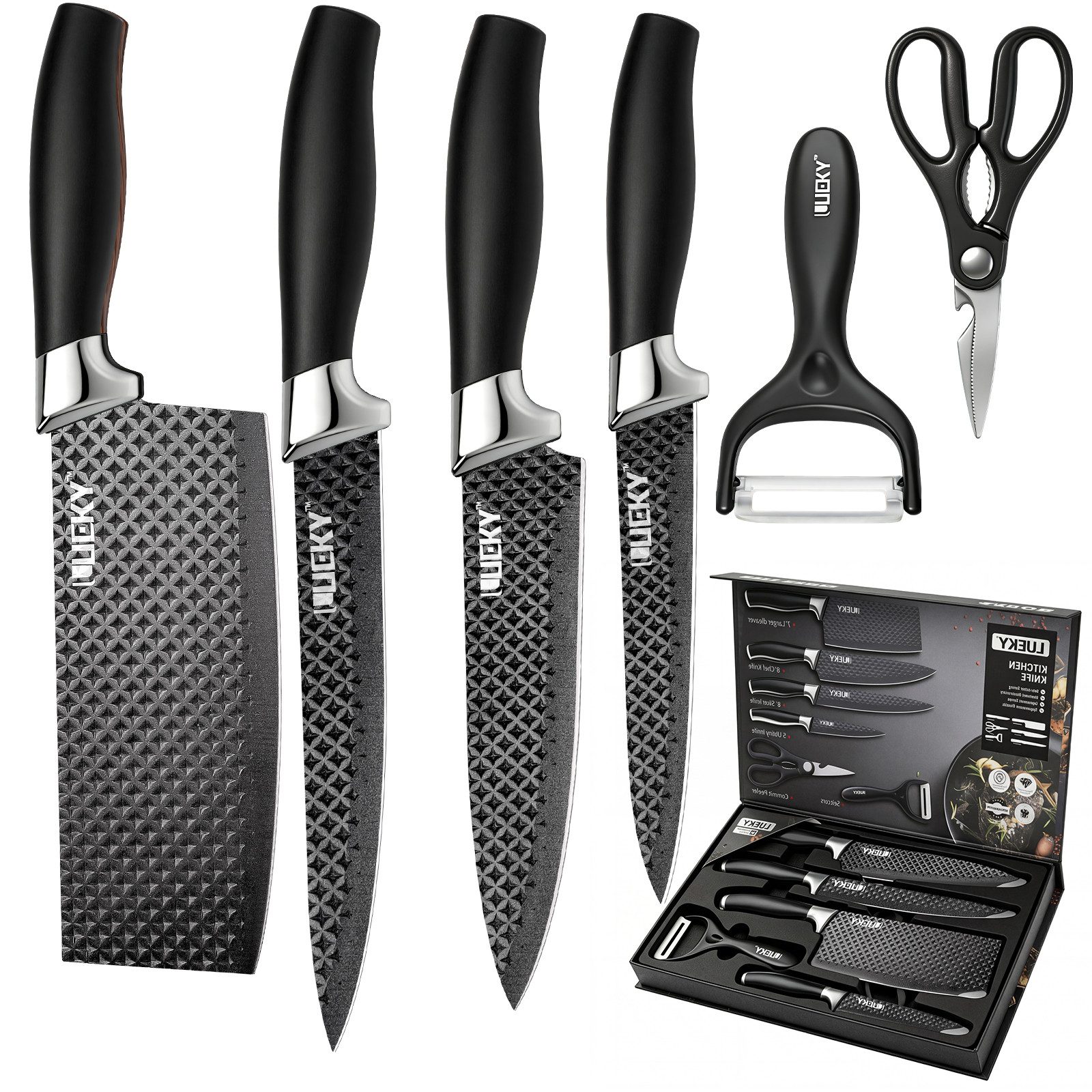 MDHAND Messer-Set 6-teiliges Kochmesser-Set, Edelstahl Küchenmesserset, Geschenkbox (6-tlg), mit ergonomischem Griff, Küchenschere & Sparschäler