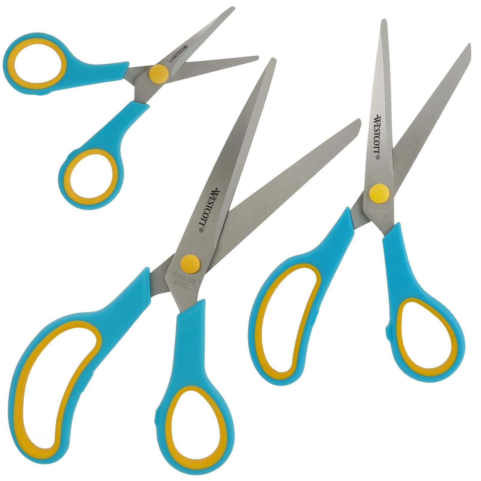 WESTCOTT Scheren-Set Easy Grip Scheren 3 Stück Türkis, Universalscheren mit Komfort-Griff, (Vorteilspack, 3-tlg), Extrascharfe & langlebige Edelstahlklinge
