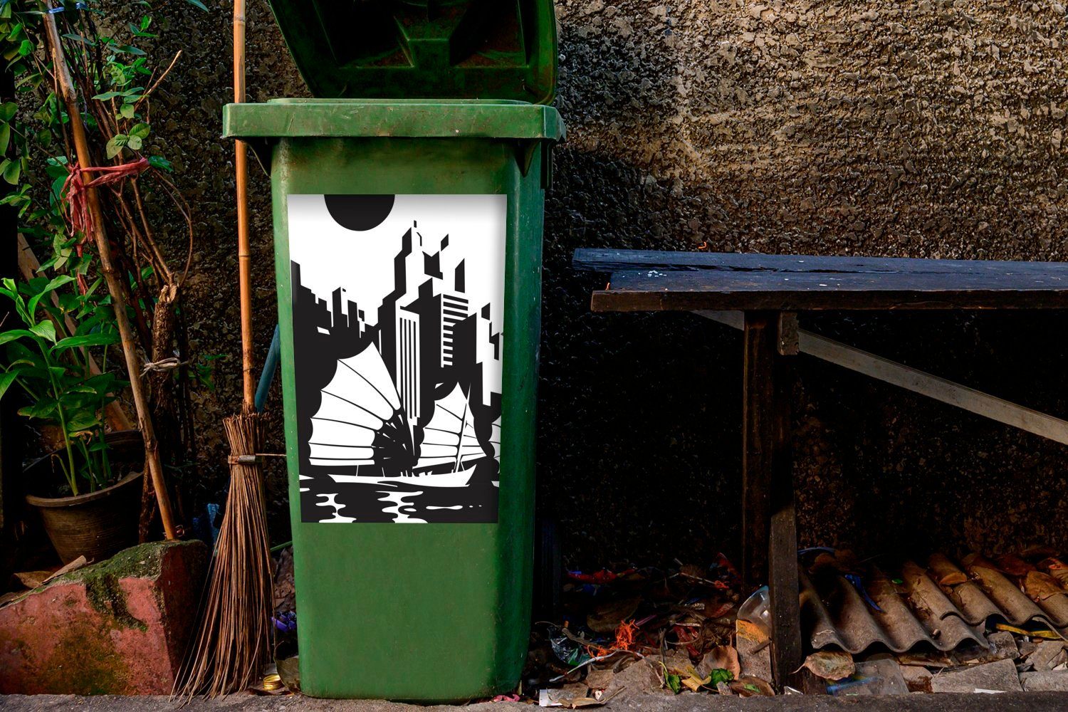 Hongkong Abfalbehälter schwarz-weiße (1 Container, Illustration Sticker, Mülltonne, mit Wandsticker Boot von MuchoWow Mülleimer-aufkleber, St), einem Eine