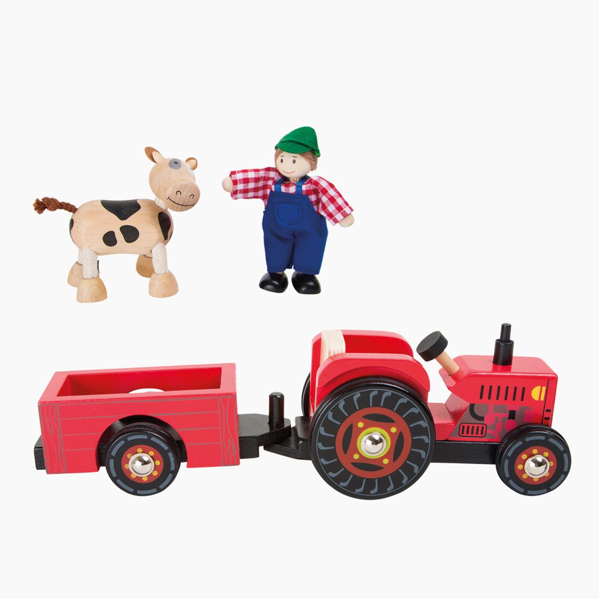 Small Foot Spielzeug-Traktor Traktor mit Anhänger „Bauernhof“, (Set, 4-tlg., packung), Bauer und Kuh sind Biegepüppchen