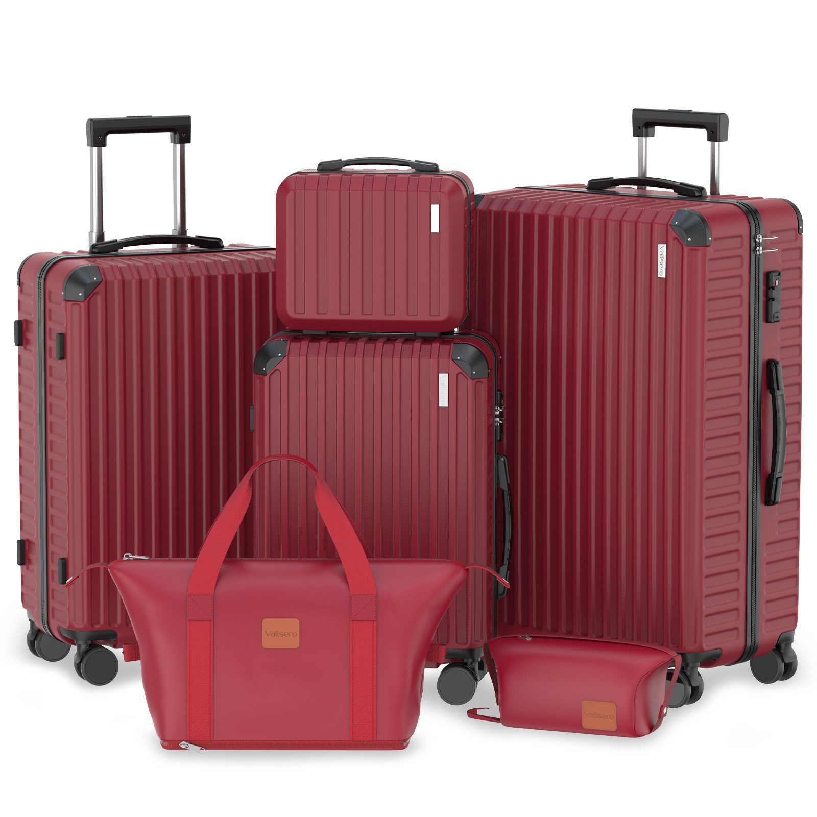 VALLSERO Trolleyset LG2 Hartschalen-Koffer set (S,M,L,XL) Rollkoffer, Reisekoffer, (Hartschalen Trolley 6-teiliges-set), Handgepäck 4 Rollen, ABS-Material, TSA Zollschloss, 6-teiliges Set