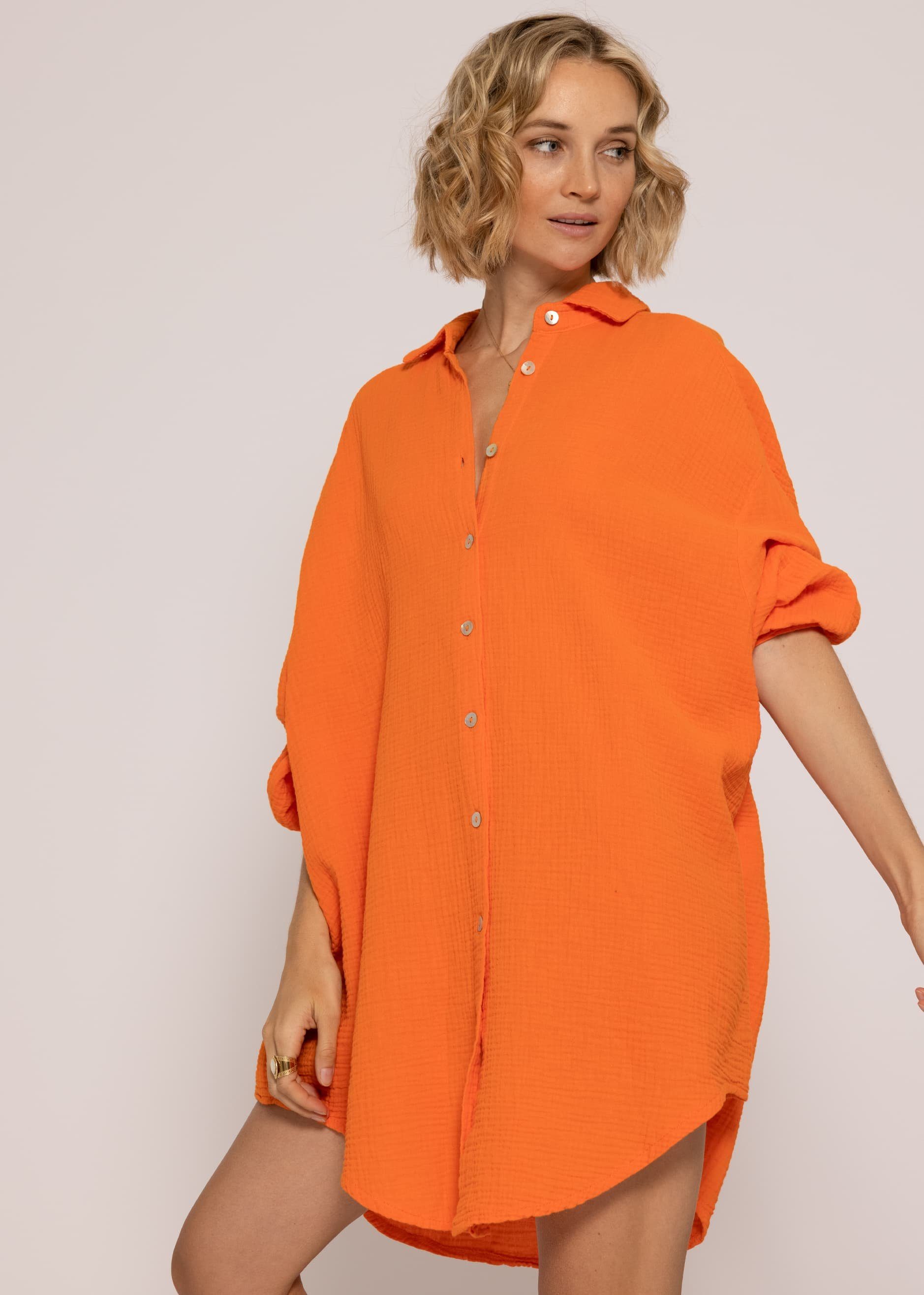 SASSYCLASSY Longbluse Oversize Musselin Bluse Damen Langarm Hemdbluse lang aus Baumwolle mit V-Ausschnitt, One Size (Gr. 36-48) Orange