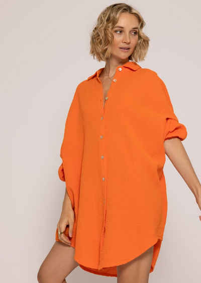 SASSYCLASSY Longbluse Oversize Musselin Bluse Damen Langarm Hemdbluse lang aus Baumwolle mit V-Ausschnitt, One Size (Gr. 36-48)