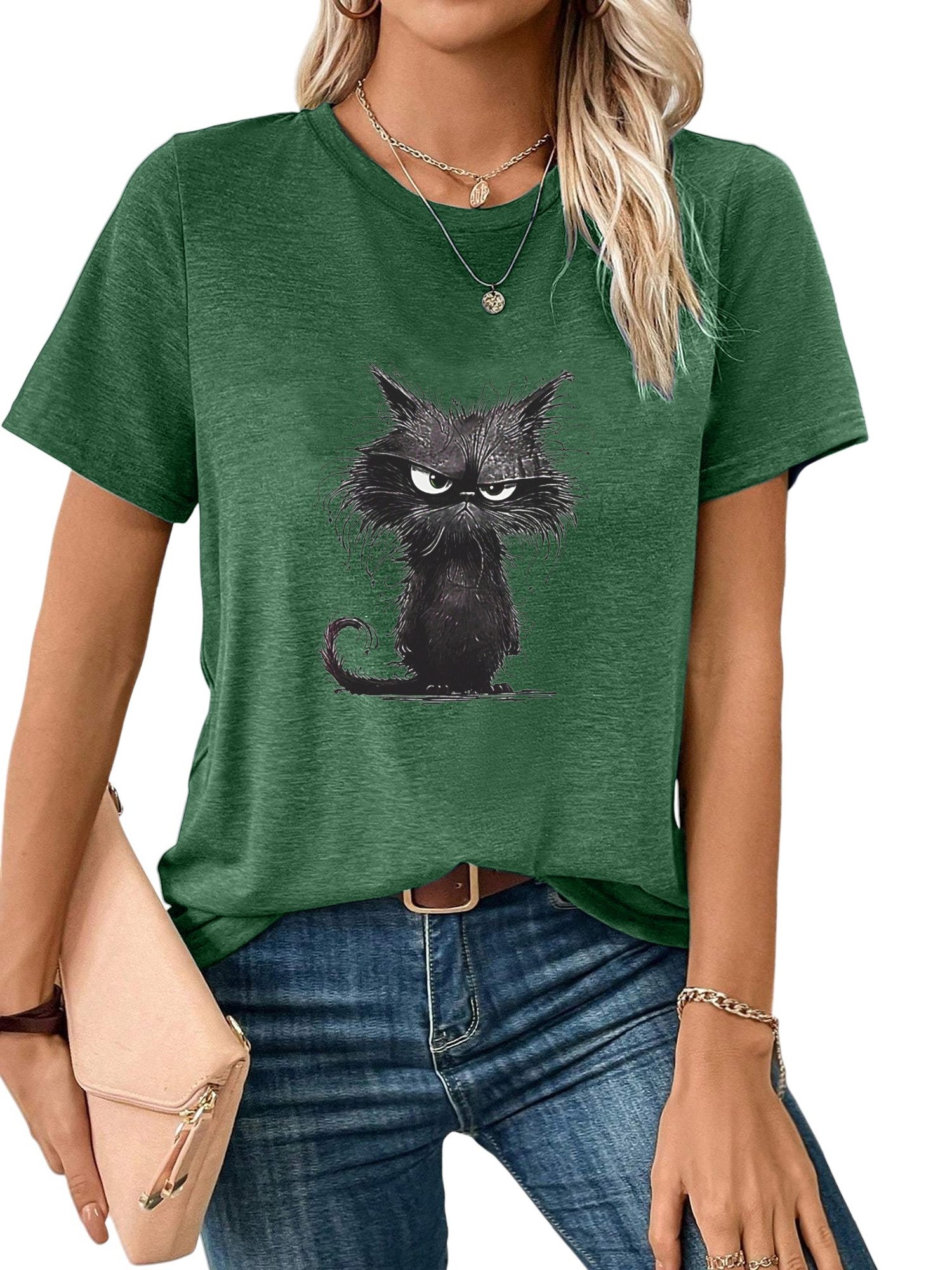 Rundhalsshirt Damen bequemes Sommer Kurzarmbluse Slim Fit Katze Print-Shirt