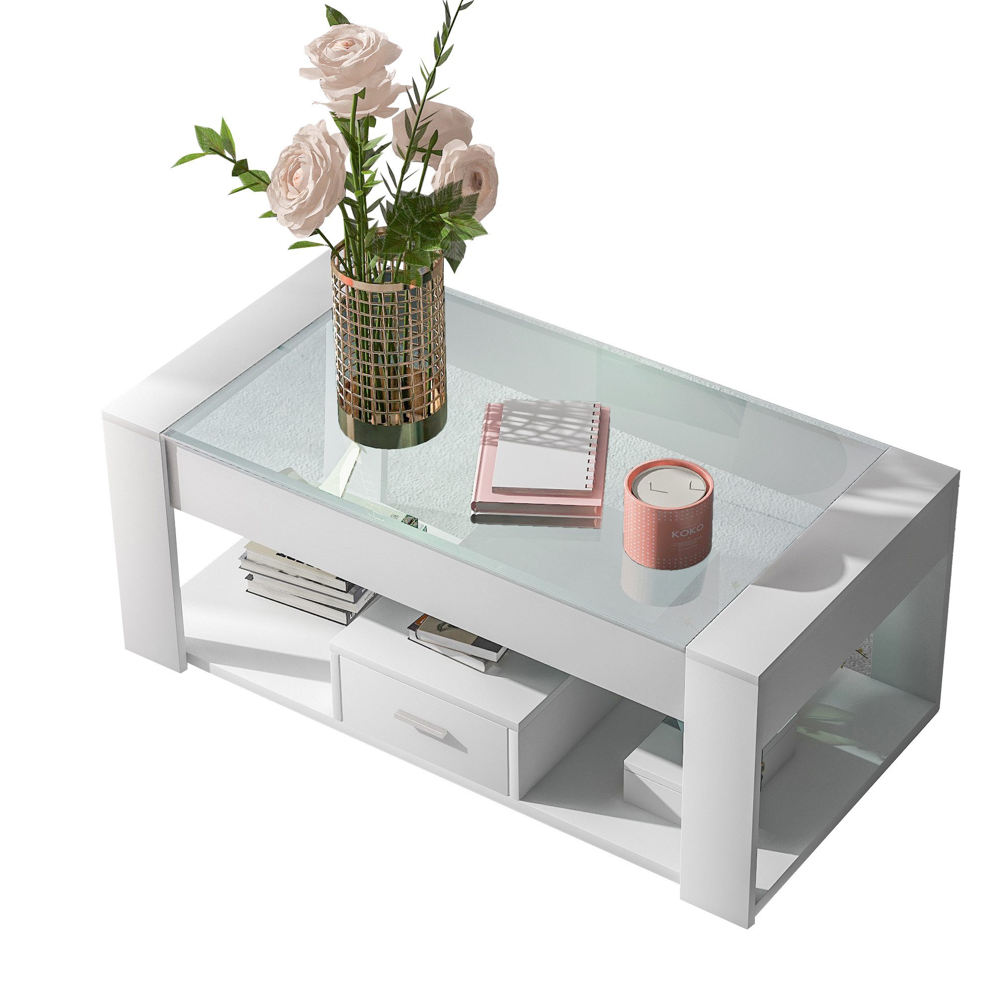 Merax Couchtisch, Sofatisch mit Glastischplatte, Wohnzimmertisch, Schublade günstig online kaufen