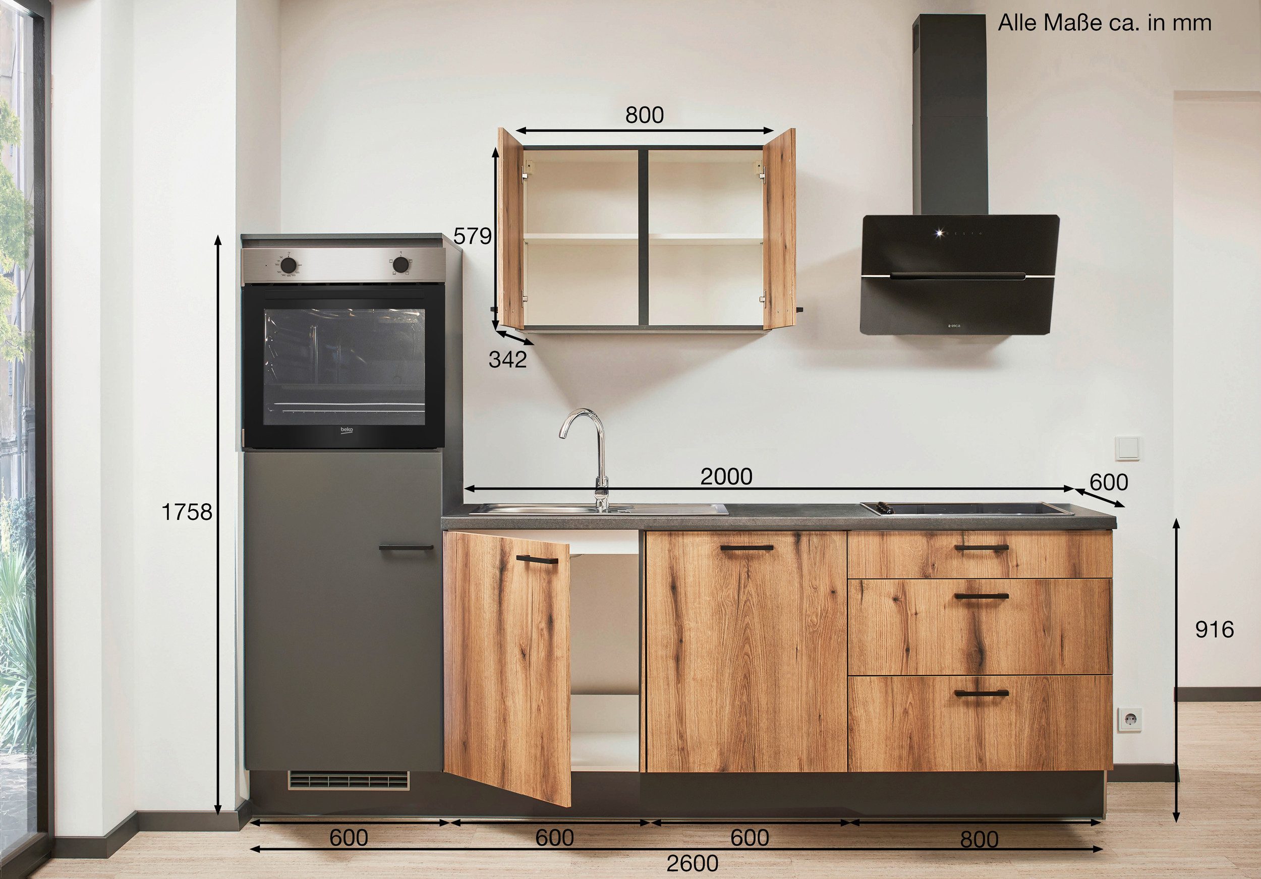 pino Küchenzeile Varberg, individuell anpassbar, gratis Küchenplanung mit Profis, (Breite 260cm), vormontiert, wahlw. mit E-Geräten, Preis inkl. Lieferung