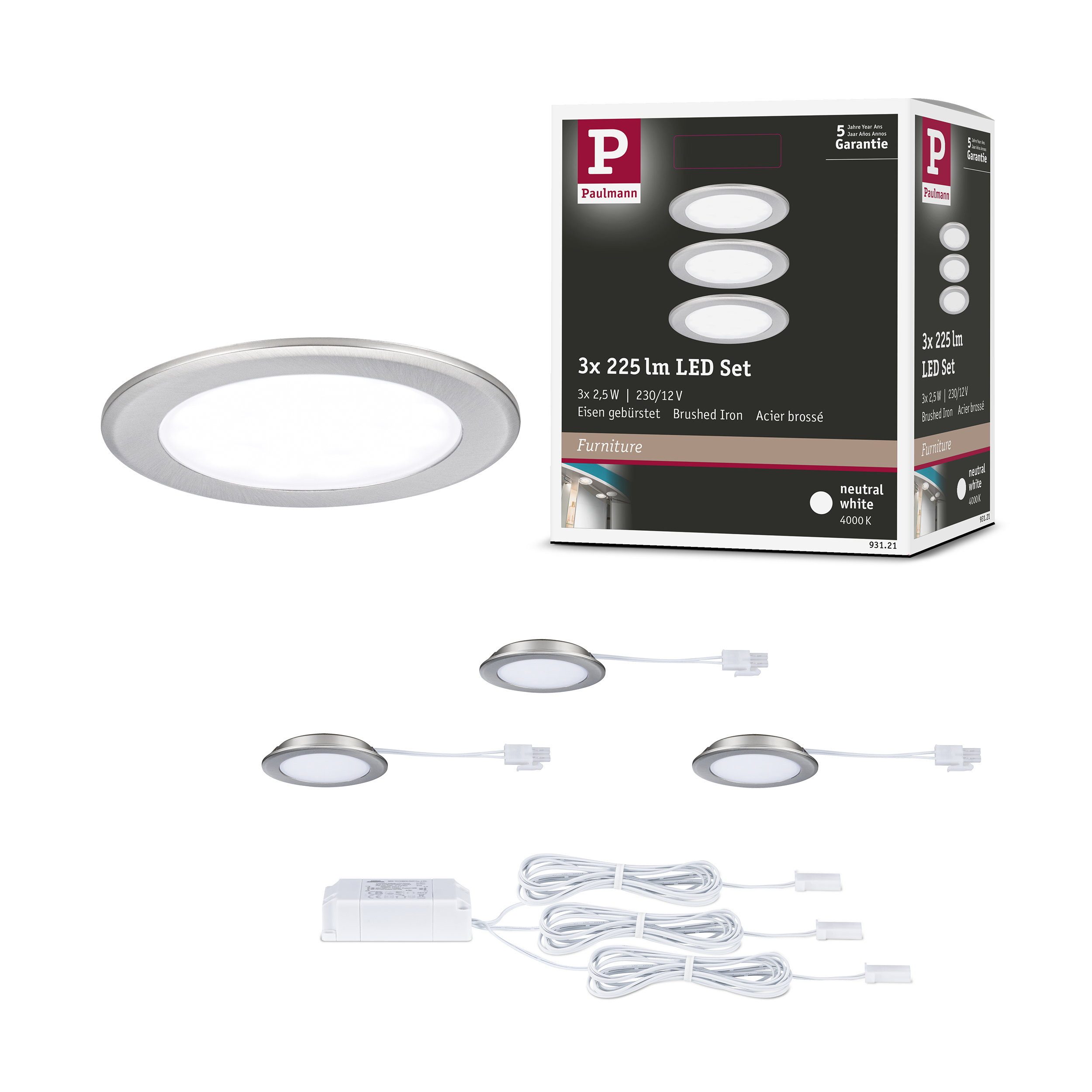 Paulmann LED Schrankinnenraumbeleuchtung LED Möbeleinbauleuchten 3er-Set rund 65 mm 3x2,5W 3x180lm 230/12V 4000