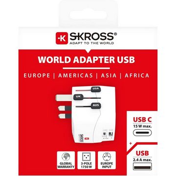 SKROSS "PRO Light USB" (A/C) Reiseadapter A, B, C, E, F, G, I, J, L, N zu B, E, F, G, I, 1 cm, World Weiß Universal-Reisestecker mit USB