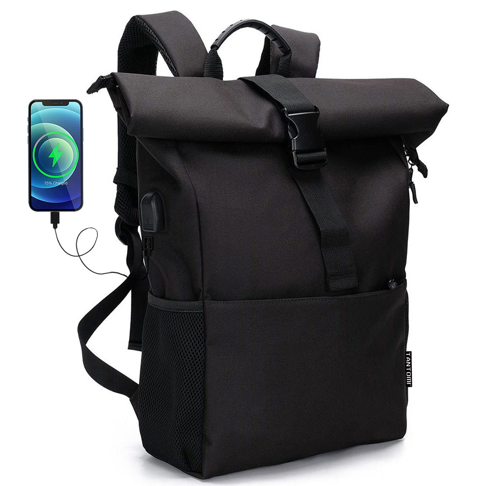 TAN.TOMI Freizeitrucksack Arbeitsrucksack Groß Damen lässiger Rolltop Rucksack Herren Backpack, mit Laptopfach bis 15,6 zoll und externen USB-Anschluss