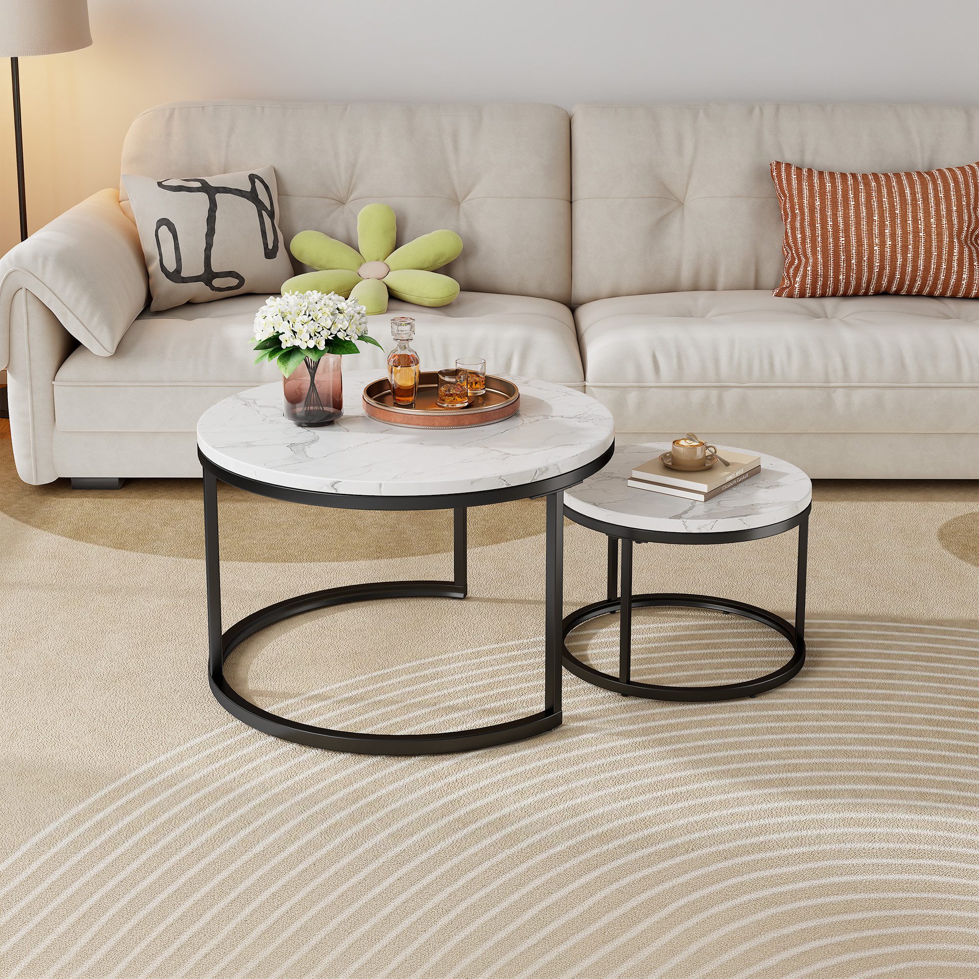 OKWISH Couchtisch Set 2-tlg 70x45 / 45x35 cm Marmoroptik schwarz Metall (Packung, 2-St., Stabiler Metallrahmen mit rutschfesten Füßen, kratzfeste Oberfläche), Platzsparendes Nesting-Design, unterstellbarer Beistelltisch flexibel