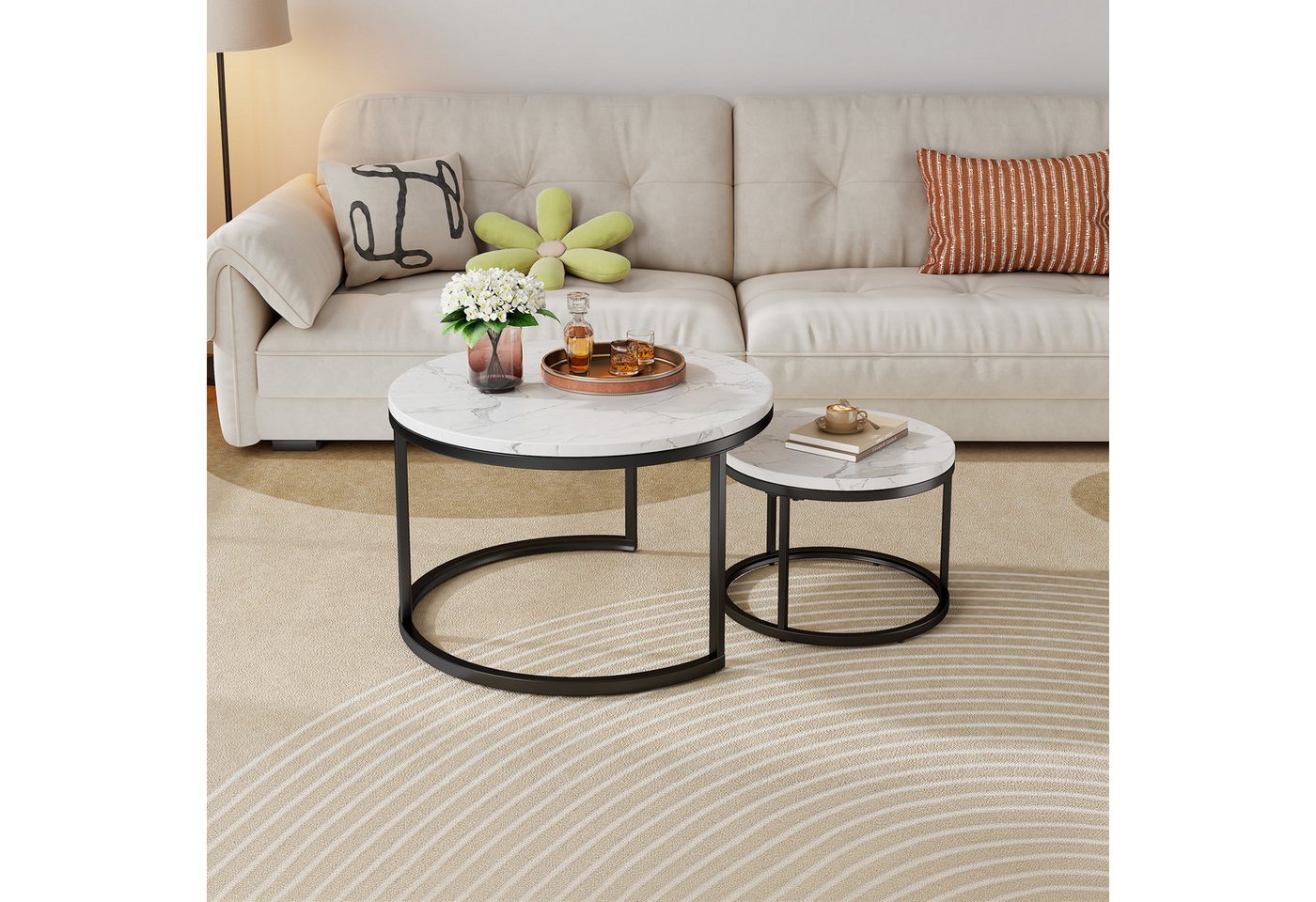 OKWISH Couchtisch Set 2-tlg 70x45 / 45x35 cm Marmoroptik schwarz Metall (Packung, 2-St., Stabiler Metallrahmen mit rutschfesten Füßen, kratzfeste Oberfläche), Platzsparendes Nesting-Design, unterstellbarer Beistelltisch flexibel