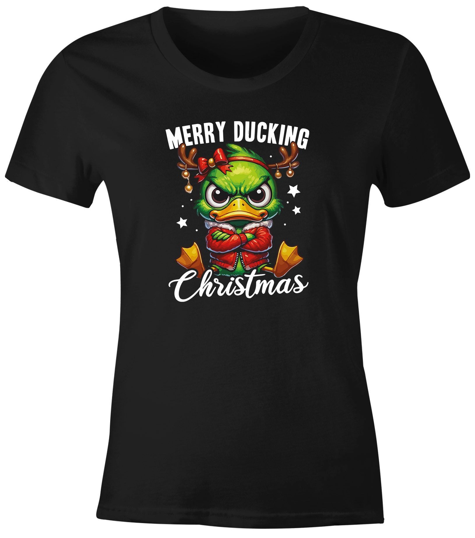 Print-Shirt Weihnachtsshirt Damen Spruch Merry Ducking Christmas T-Shirt