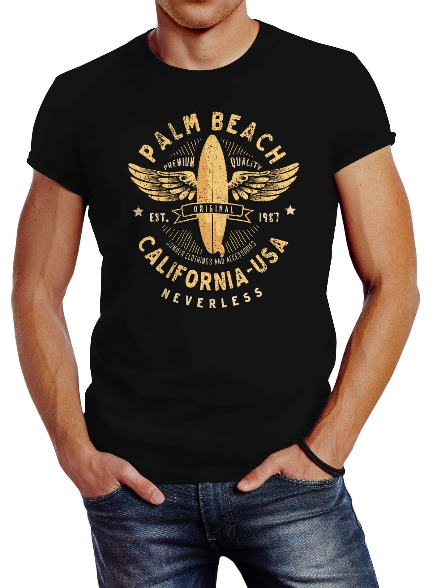 Neverless Print-Shirt Neverless® Herren T-Shirt Surfing Motiv Vintage Effekt Palm Beach California USA Schriftzug Fashion Streetstyle mit Print