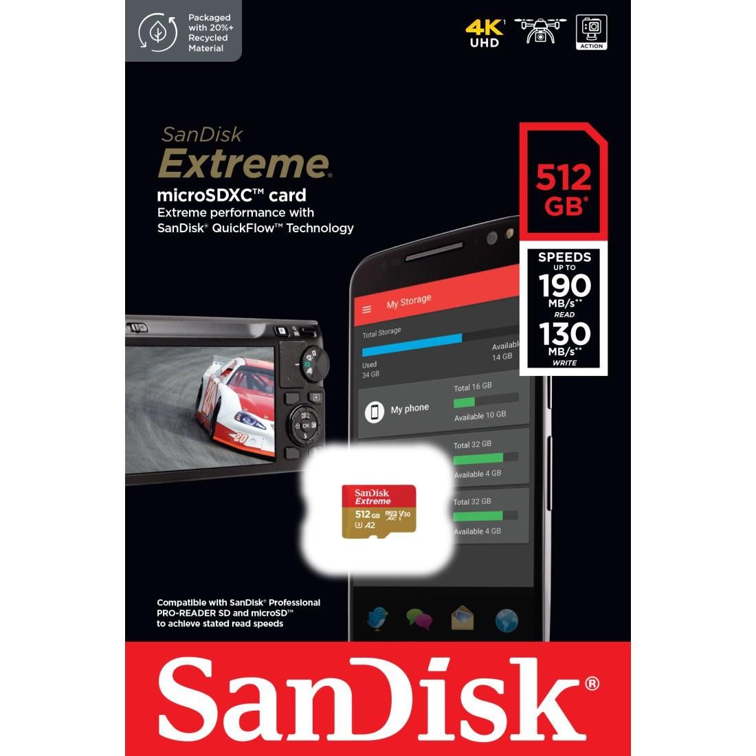 Sandisk microSDXC Extreme Speicherkarte (512 GB, Video Speed Class 30 (V30)/UHS Speed Class 3 (U3)