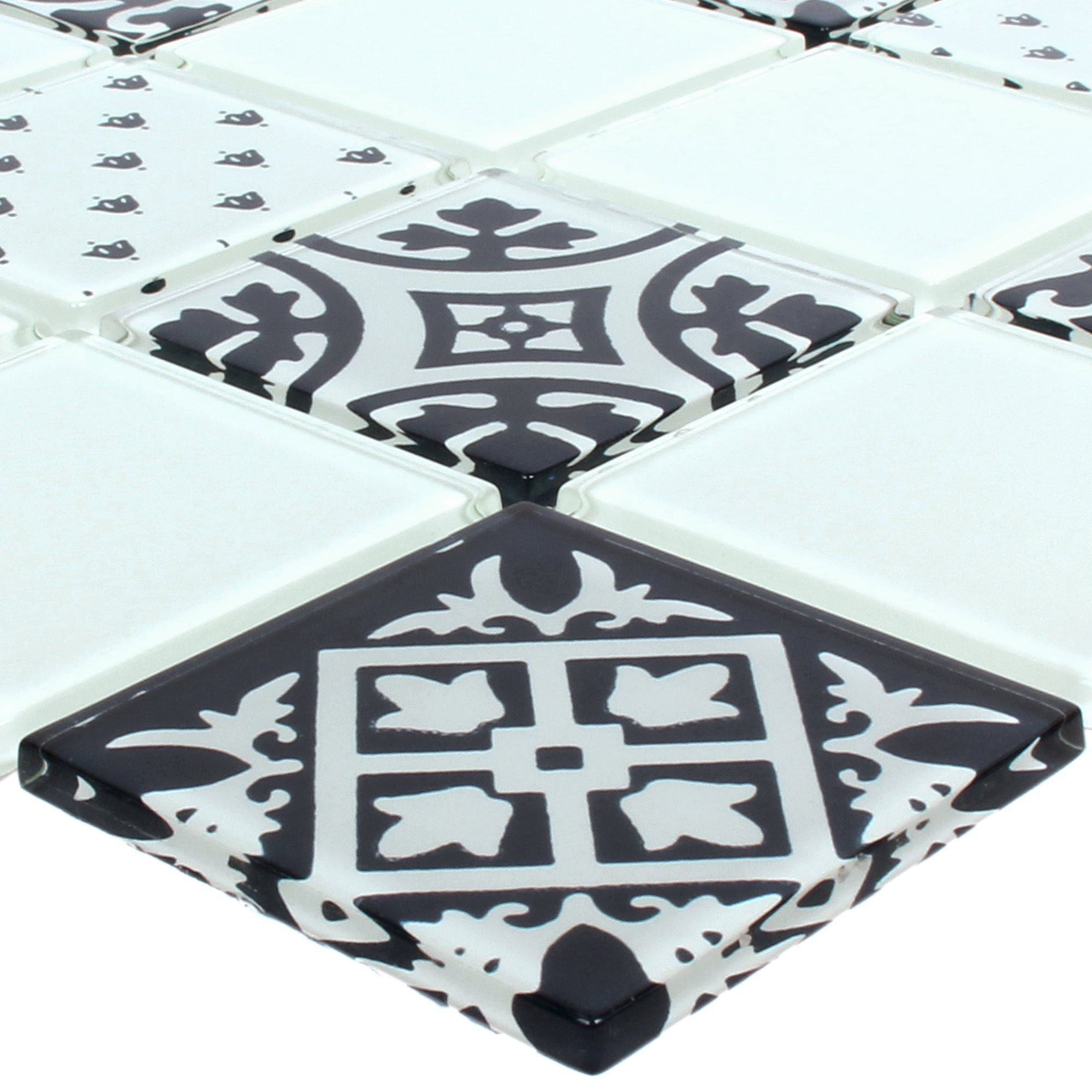 Mosafil Mosaikfliesen Glasmosaik Fliesen Barock Weiß Schmal, Glas 30.000x30.000, weiß-schwarz, Verlegefertig auf ein Netz geklebt - Frostsicher - Wasserfest