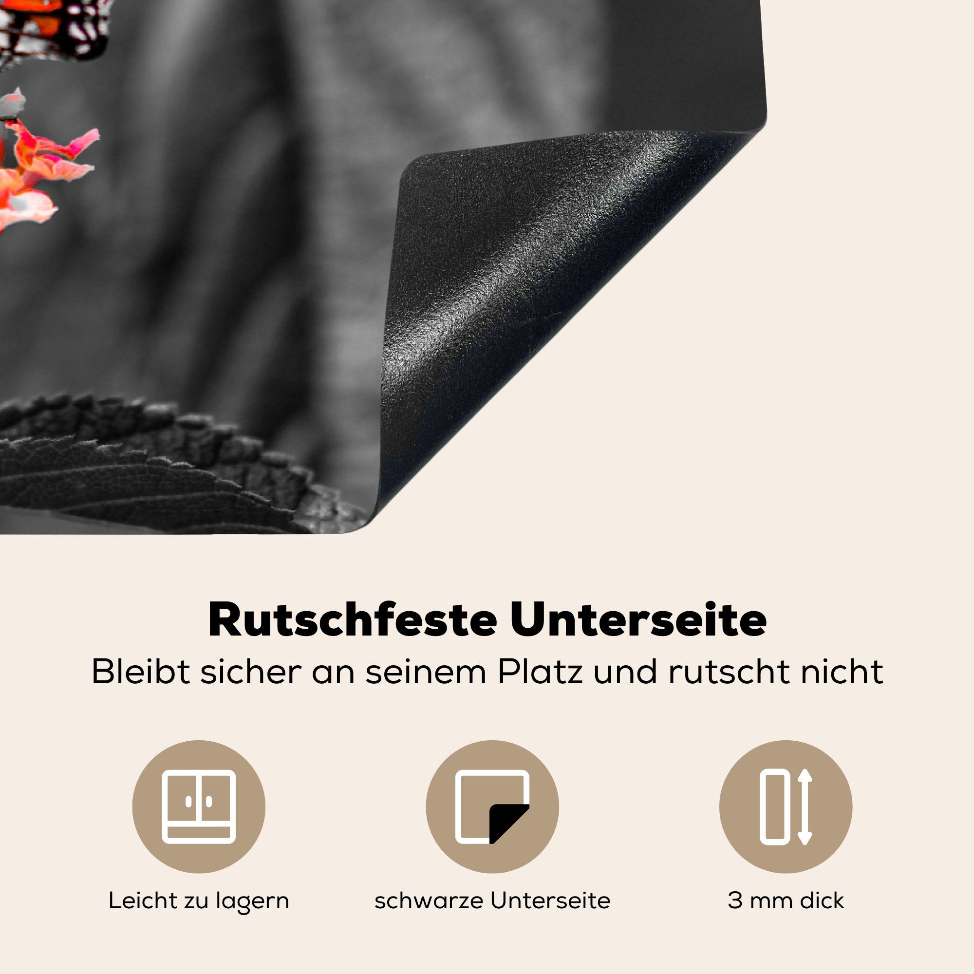 tlg), küche Ceranfeldabdeckung, und Schmetterling (1 77x51 Orange, - MuchoWow Tiere Blumen - Schwarz weiß - Vinyl, - Herdblende-/Abdeckplatte Arbeitsplatte für cm,