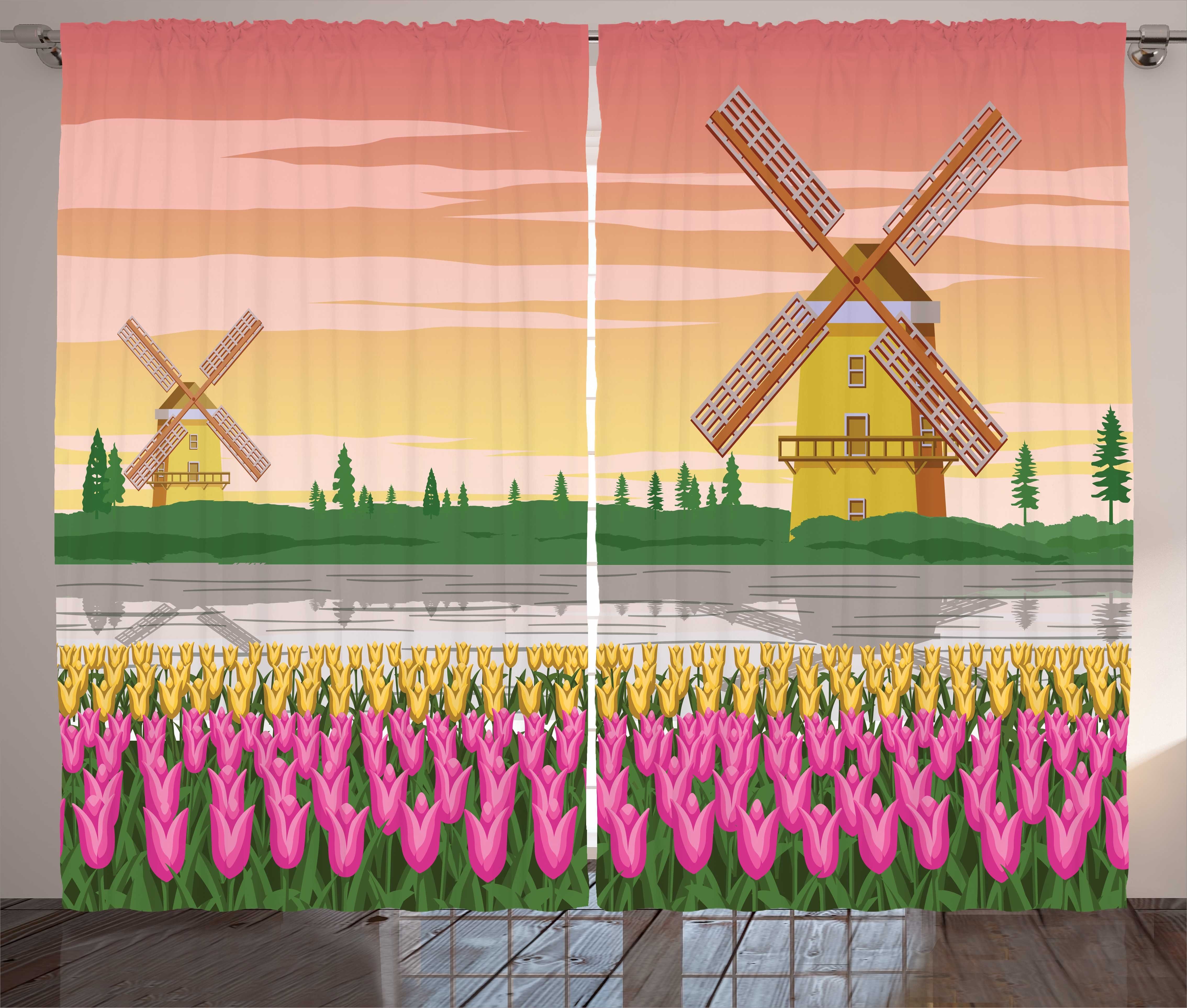 Abakuhaus, Gardine Schlafzimmer Haken, Schlaufen Amsterdam Windmühlen mit Zweifarbige Tulpen Vorhang Kräuselband und