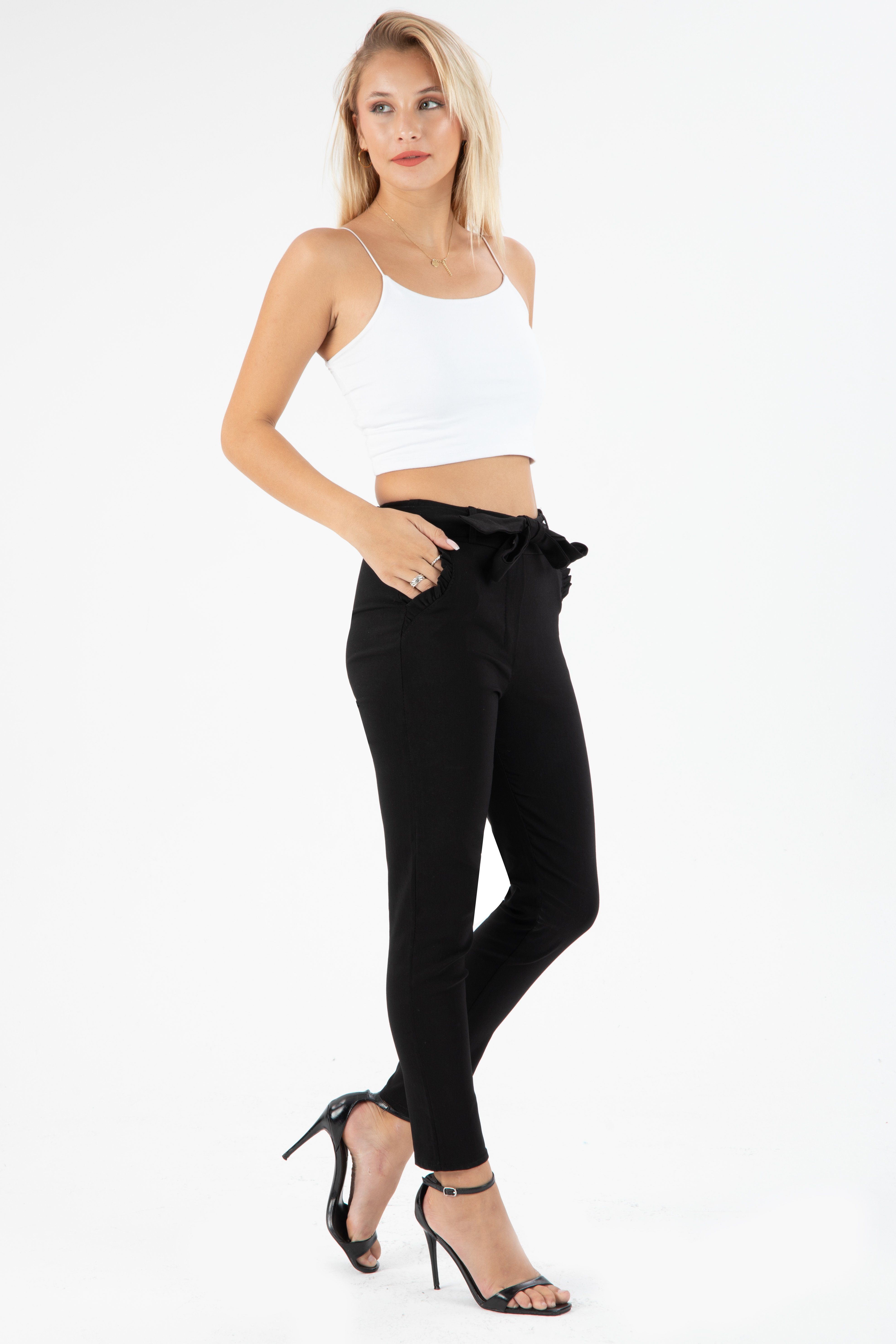 Kendindza Collection Stretch-Hose Stretch Damen Hose elegant Schleife High Waist Stoffhose Schlupfhose elastischer Bund ohne Reißverschluss stretch elastisch