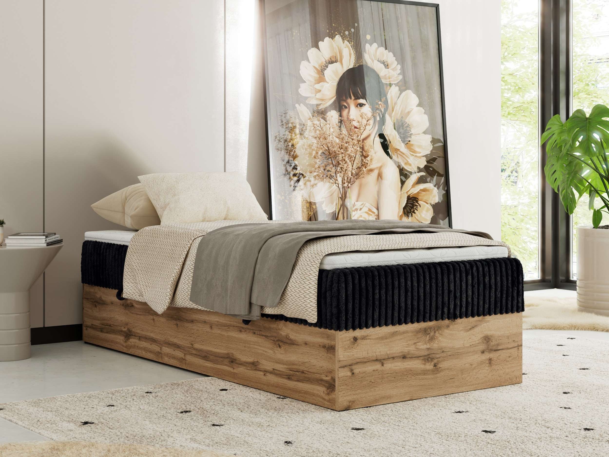 MKS MÖBEL Boxbett WOOD ZERO 90 (Boxspringbett - Set, Bett, Hotelbett, ohne Kopfteil, Topper T25 oder Visco), Polsterbett, Bettkasten, Öffnung, Härtegrad H3/H4