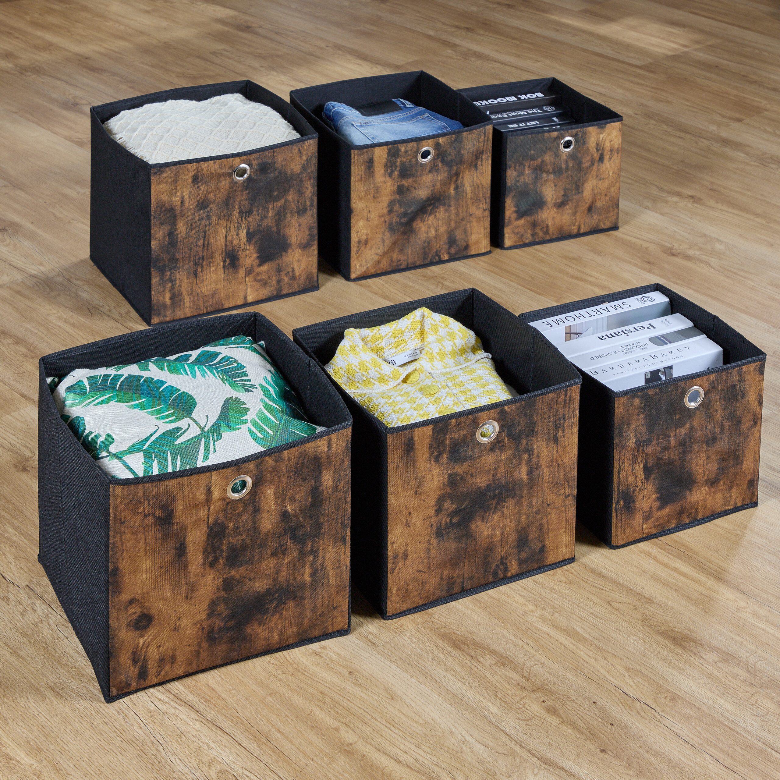 relaxdays Aufbewahrungsbox Stoff Aufbewahrungsbox Holzoptik 6er Set (6 St), XL