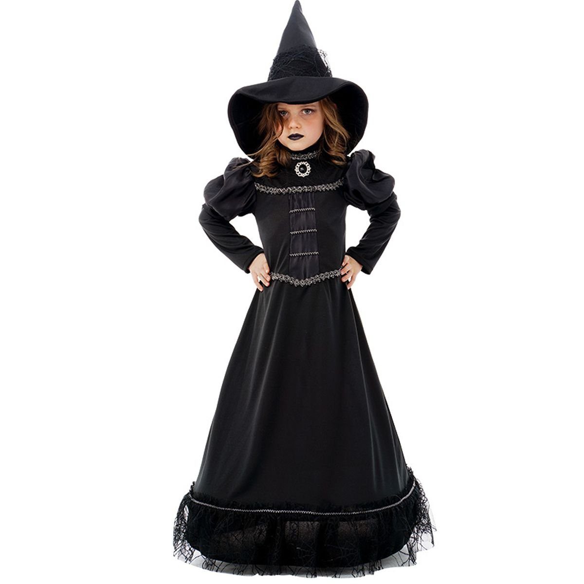 CHAKS Hexen-Kostüm Schwarze Hexe Magic Black Witch Halloween mit Hut für Kinder