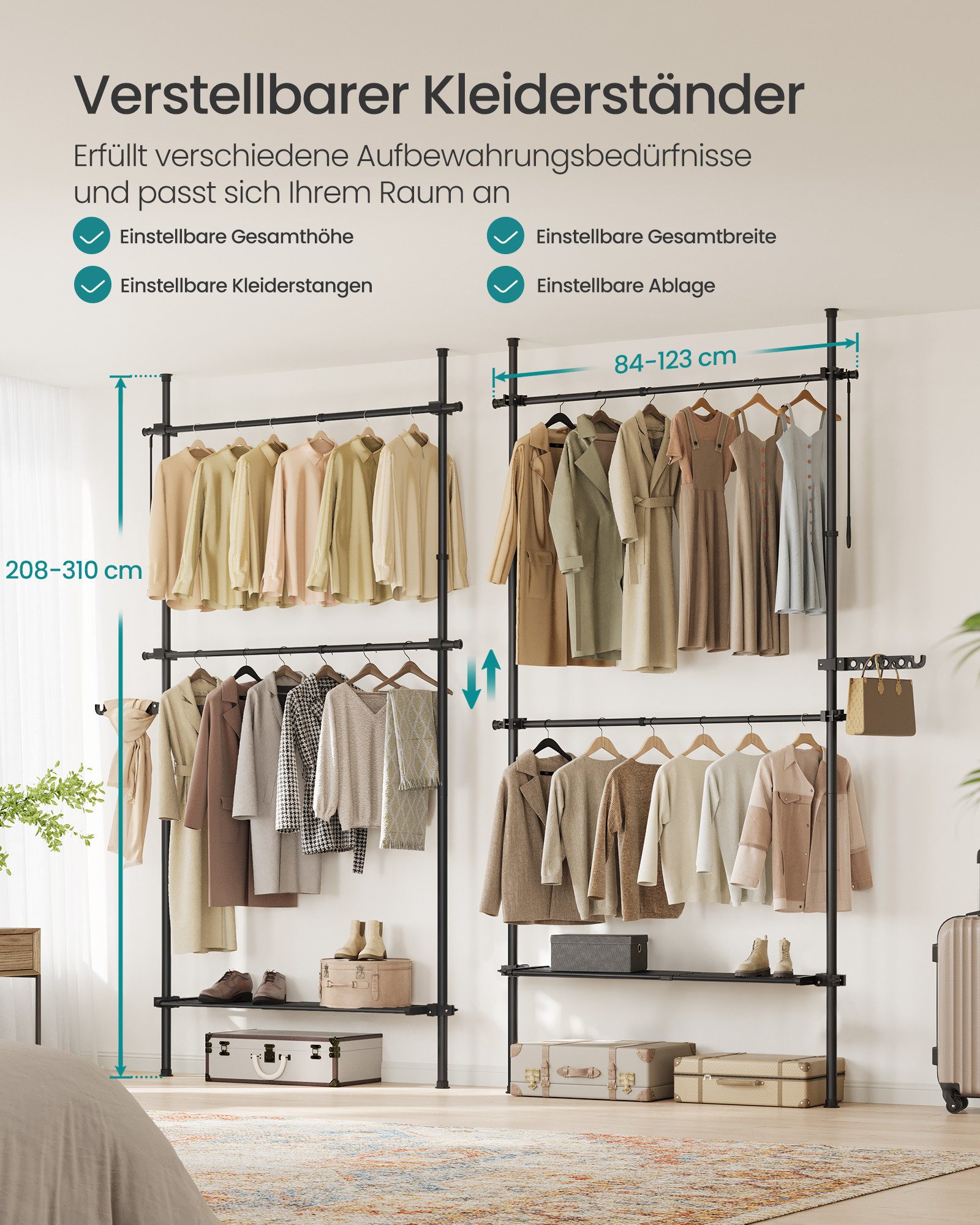 SONGMICS Kleiderständer deckenhoch, 3-stufige Garderobe, höhen und breitenverstellbar, offener, (mit abnehmbarer Ablage), Garderobenleiste, Greifarm, bis 47,5 kg belastbar, 123 x 208 x 33.5 cm