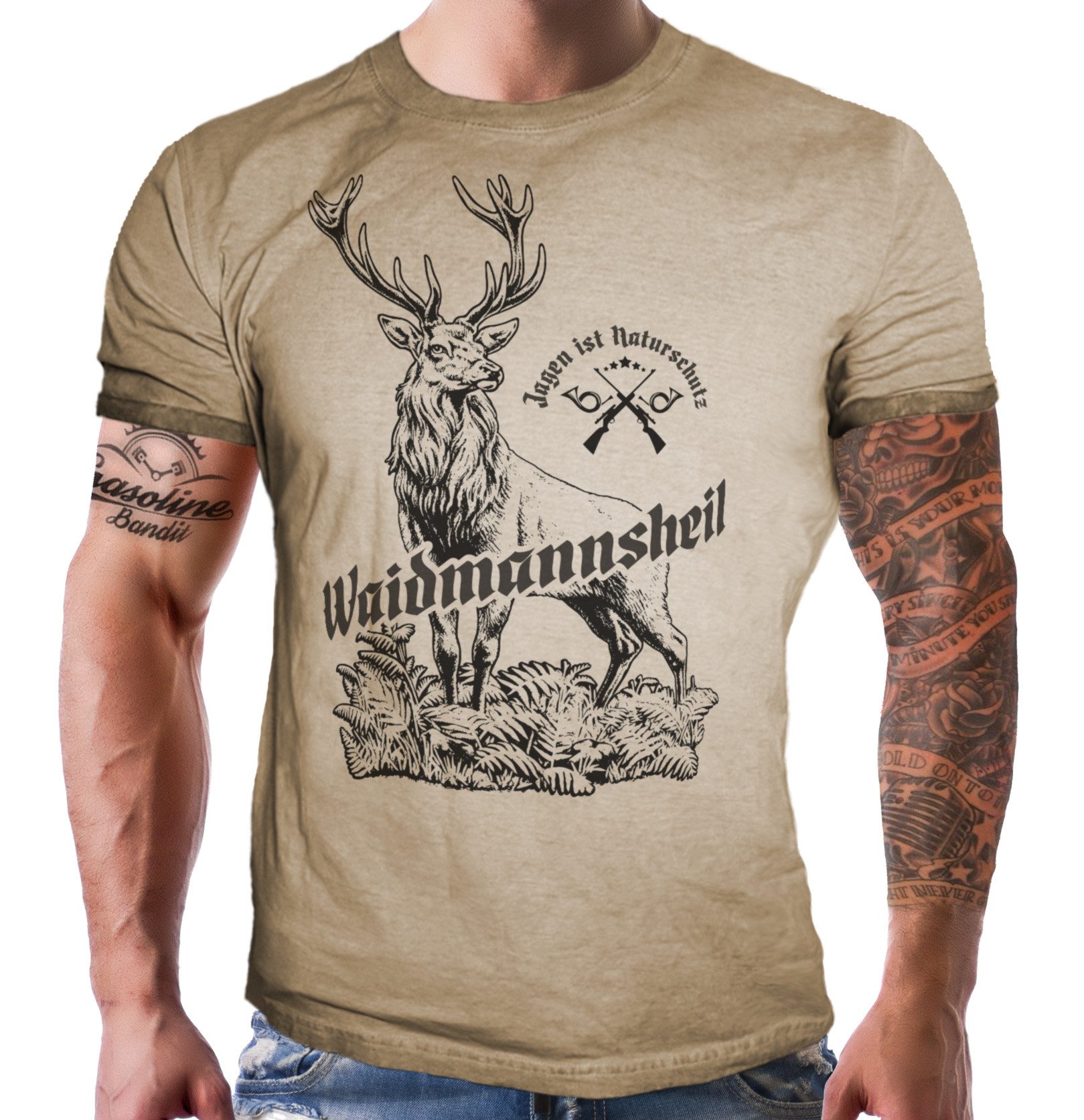 LOBO NEGRO® T-Shirt für Jäger im Used Look Sand: Waidmannsheil - Jagen ist Naturschutz