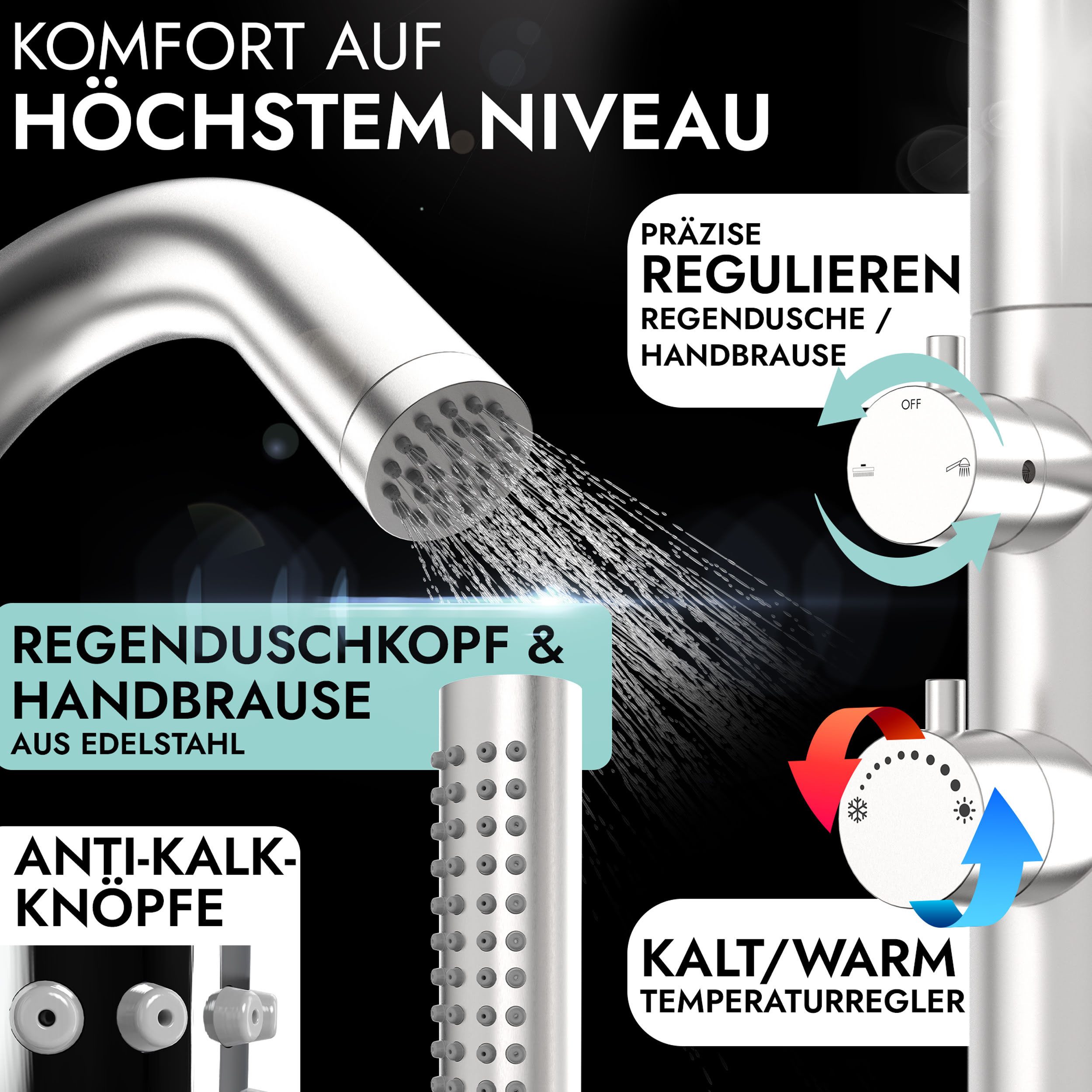 LAWA Living and Lifestyle Gartendusche V4A / AISI 316 Edelstahl Pool Außendusche warm I kalt mit Handbrause, rostbeständig, witterungsfest, restentleert = winterfest / frostsicher