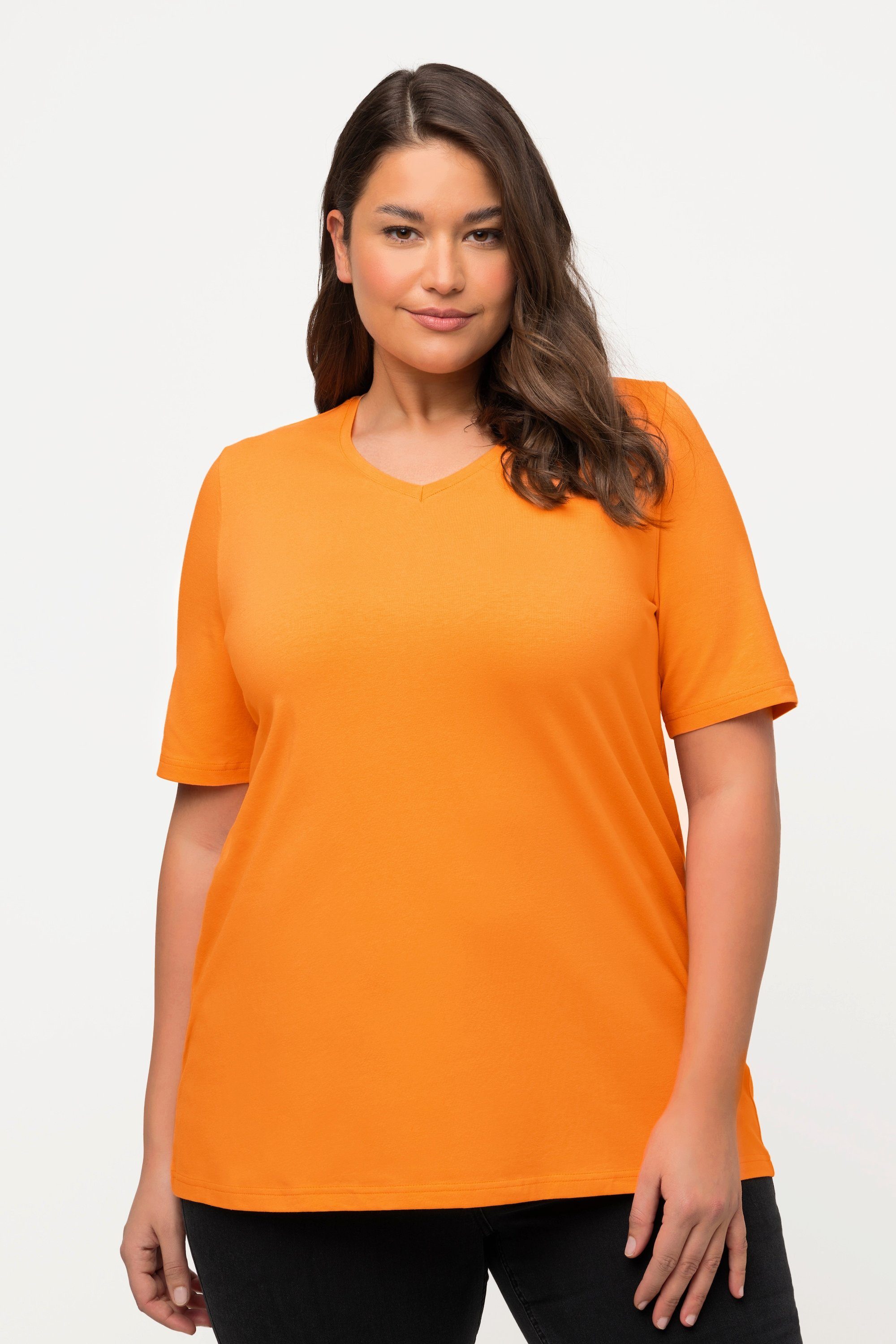 Popken A-Linie T-Shirt Rundhalsshirt Ulla orange cantaloupe V-Ausschnitt Halbarm