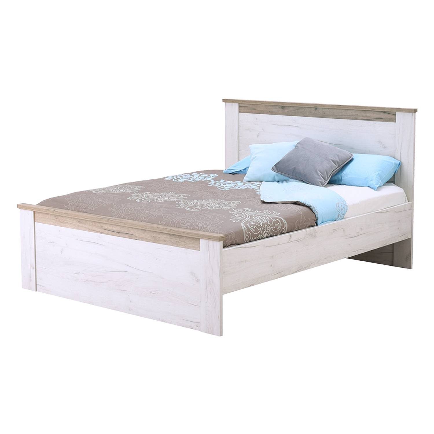 Homestyle4u Massivholzbett 160x200 Doppelbett Bettgestell Gästebett Bett Eiche Weiß Grau Vintage