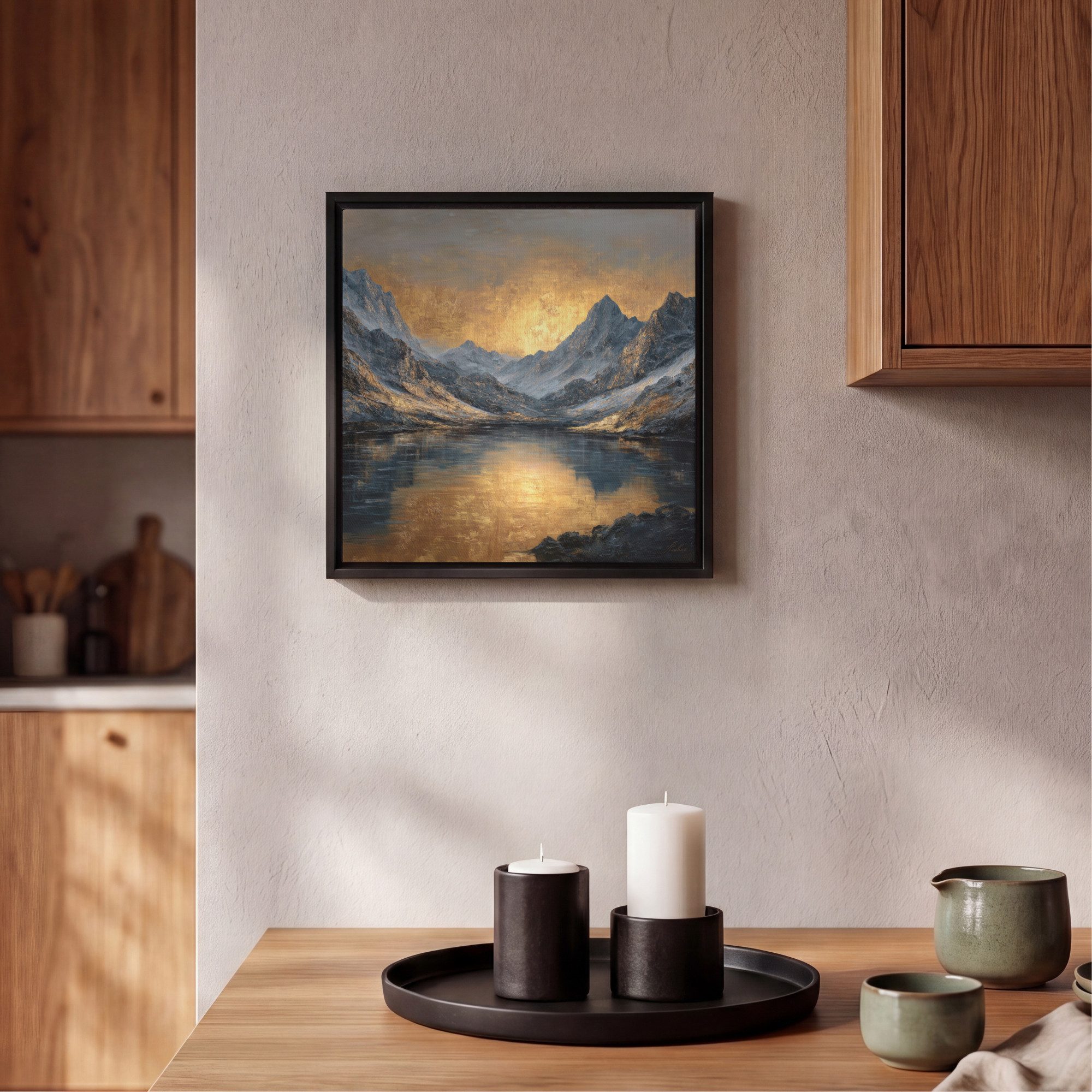 OneMillionCanvasses® Leinwandbild mit Rahmen - Bergkulisse mit goldenem Sonnenuntergang, Fotodruck (1 St), Leinwand Bilder Klein, Wand Dekoration Aesthetic 20x2 – Bild 2 von 5
