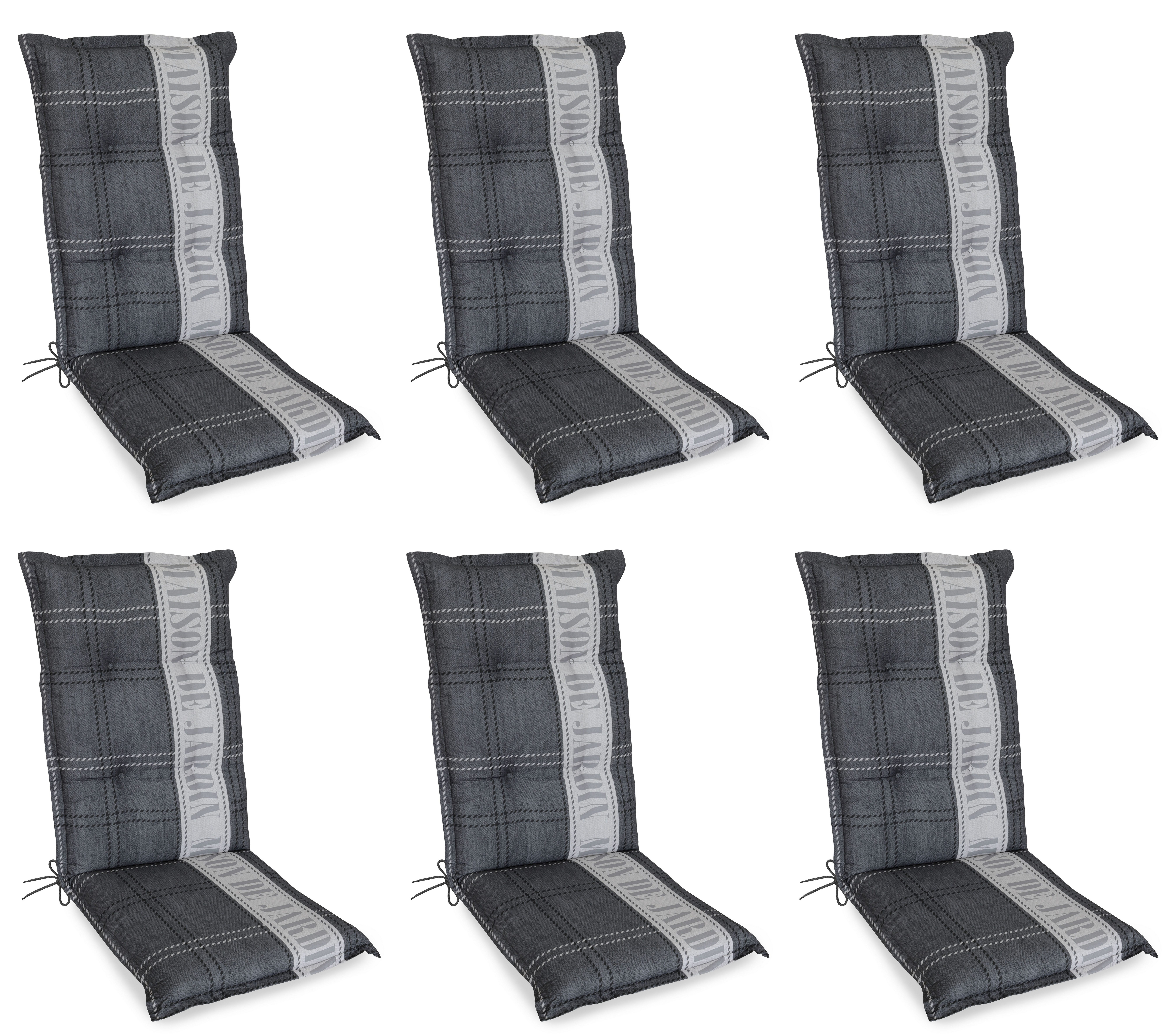 Gardissimo Hochlehnerauflage 6 er Set Maison Gartenstuhl Auflage Polsterauflage 8 cm dick, (Spar-Set, 6 St., 6 Stück), UV-beständig für Hochlehner-Stühle Rückenhaltebänder und Bindebänder