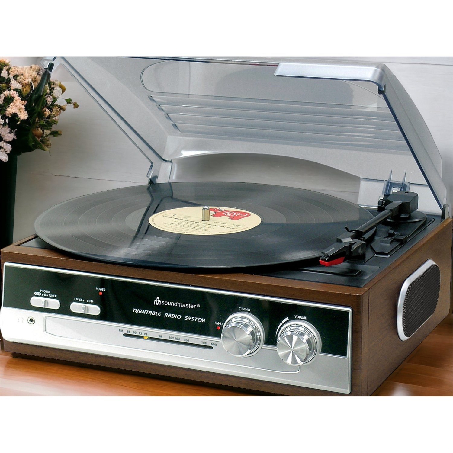 Soundmaster PL186H Plattenspieler Radio eingebaute Lausprecher Kopfhörerbuchse Radioplattenspieler (Riemenantrieb, Plattenspieler mit Lautsprechern, Plattenspieler mit Radio)