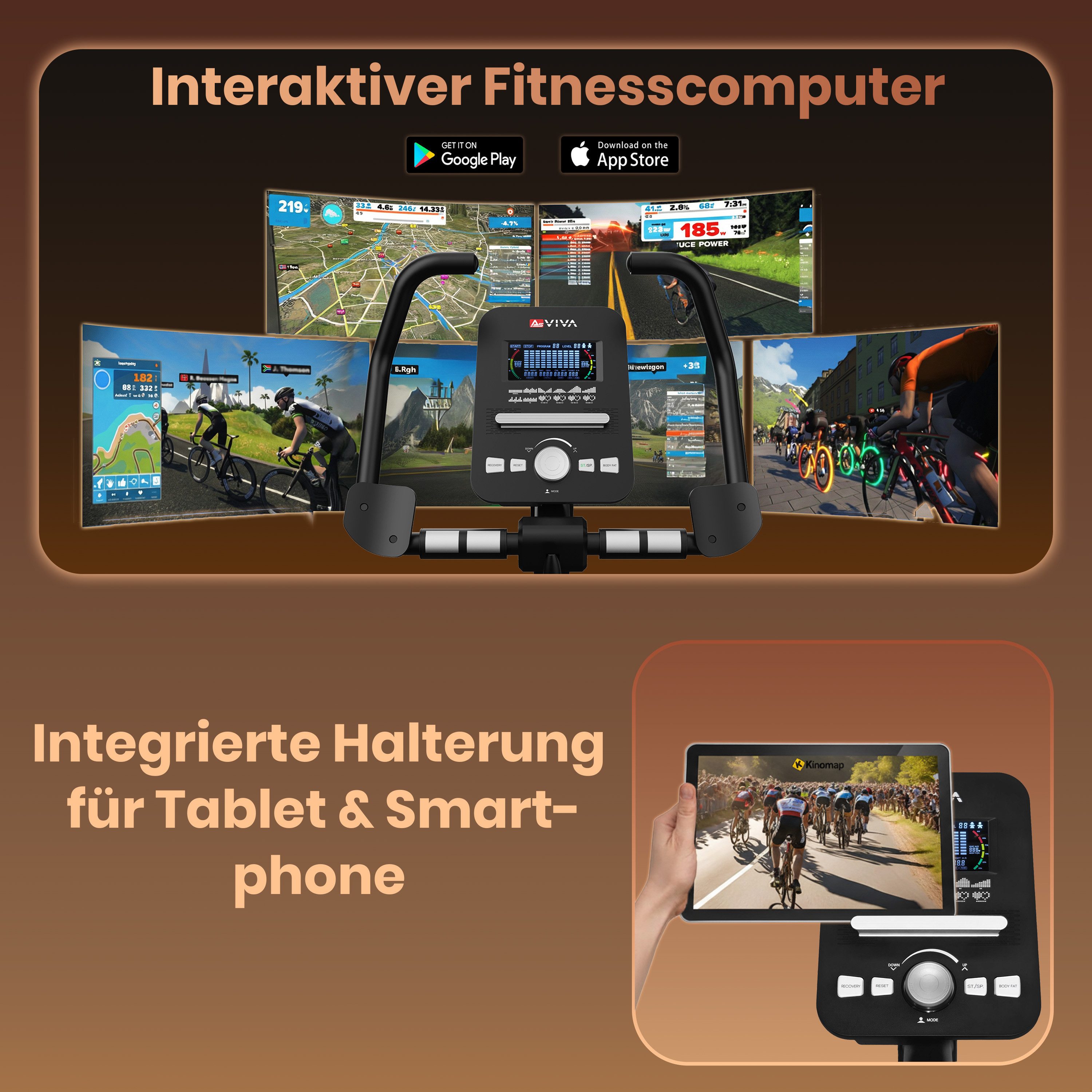 AsVIVA Heimtrainer H22 Ergometer mit automatischer Widerstandsanpassung für Fitness-Apps, 12 kg Schwungmasse, App-kompatibel, Cardio-Programme
