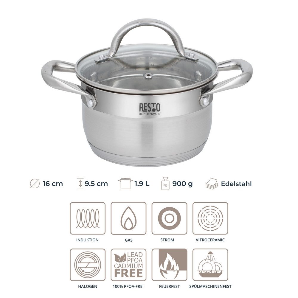 RESTO Kitchenware Kochtopf Rigel, Topf energiesparend und spülmaschinenfest, Edelstahl 18/10 (2-tlg), mit hitzebeständigem Glasdeckel, im Geschenkkarton