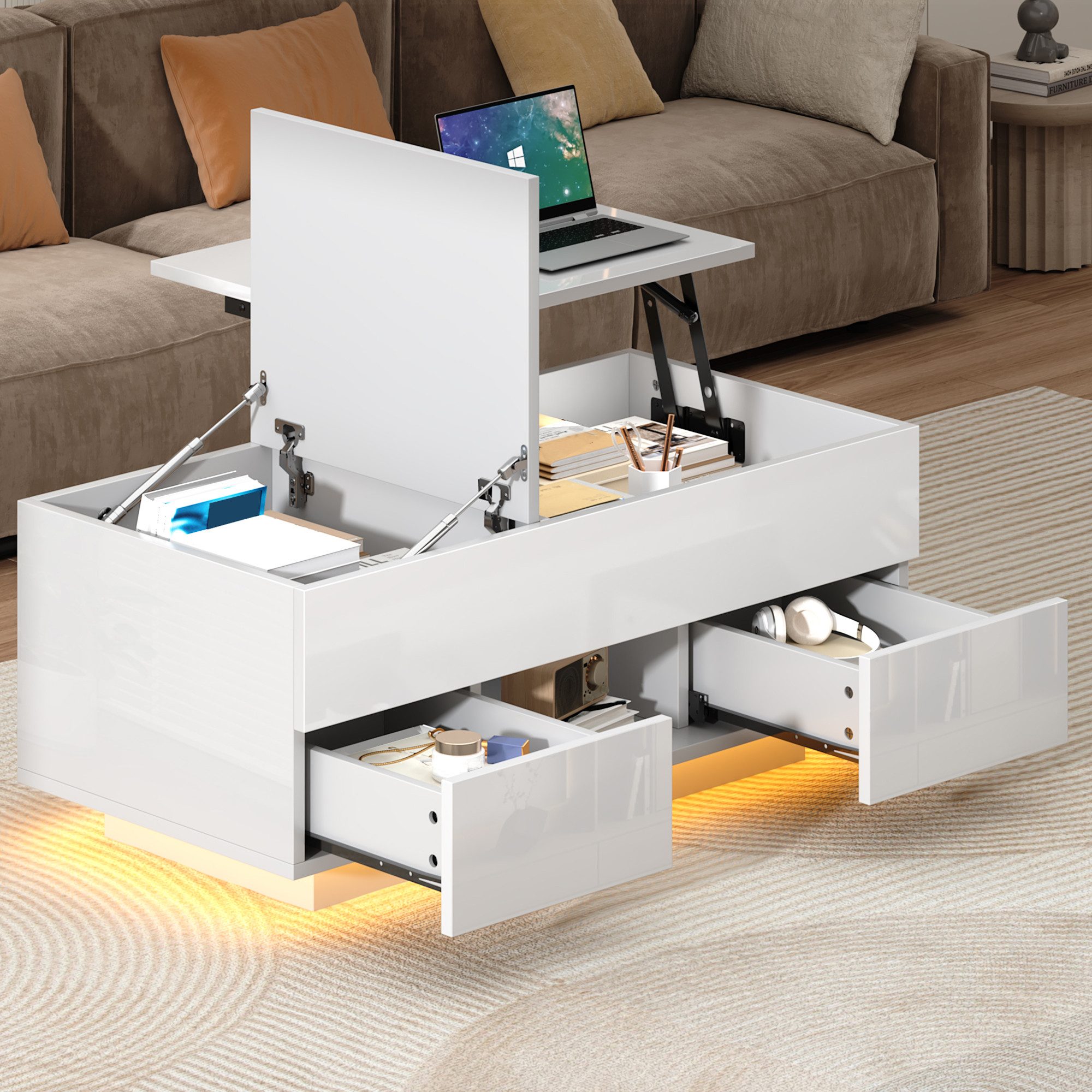 Merax Couchtisch höhenverstellbarer Beistelltisch mit LED-Beleuchtung (Wohnzimmertisch, 100x45x43cm, 1-St), Sofatisch mit 2 Schubladen, Klappbare Tischplatte,verstecktem Stauraum