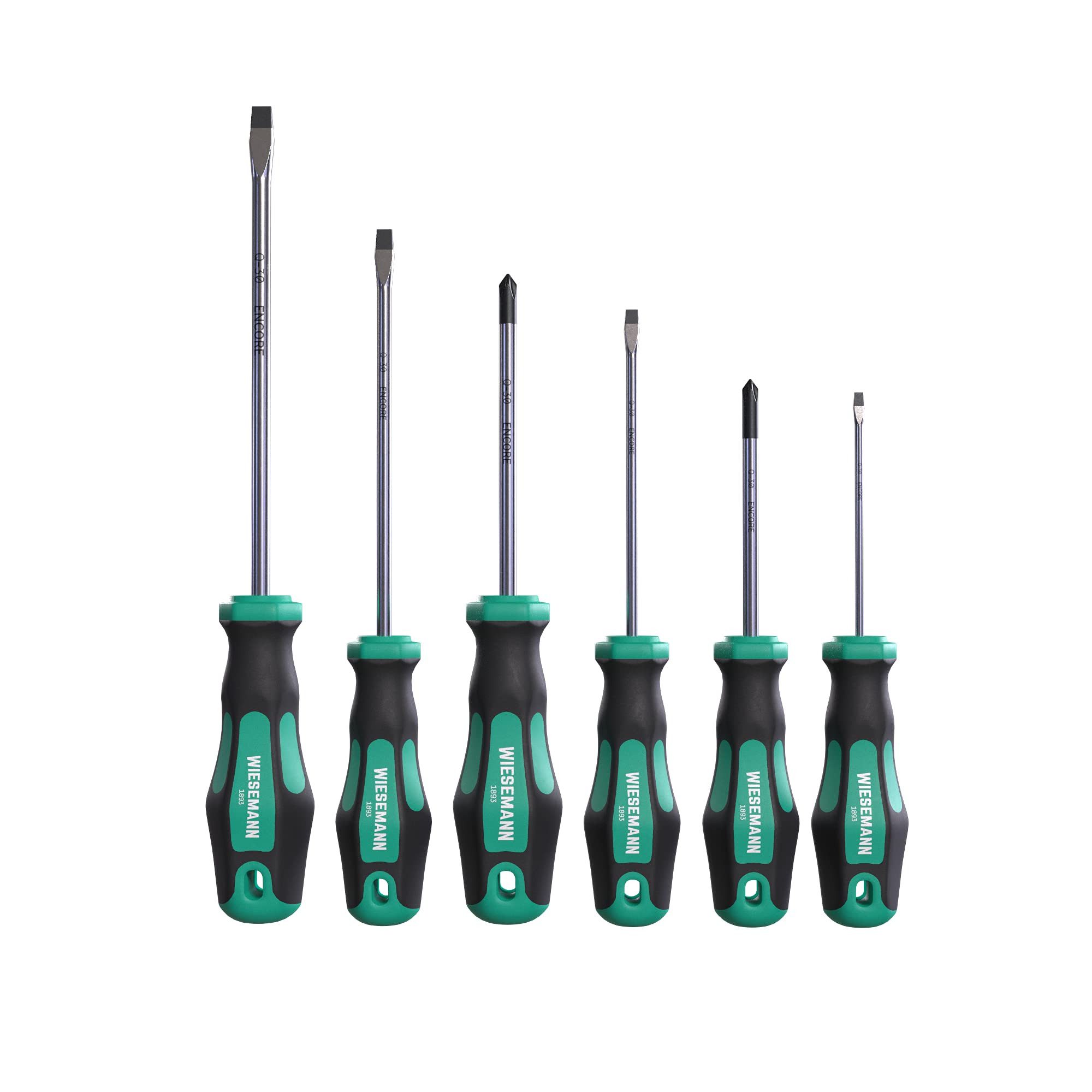 Wiesemann1893 Schraubendreher, (Set, 6 St., 4x Schlitz, 2x Phillips), Ergonomischer Zwei-Komponenten-Griff, Aufhängeloch