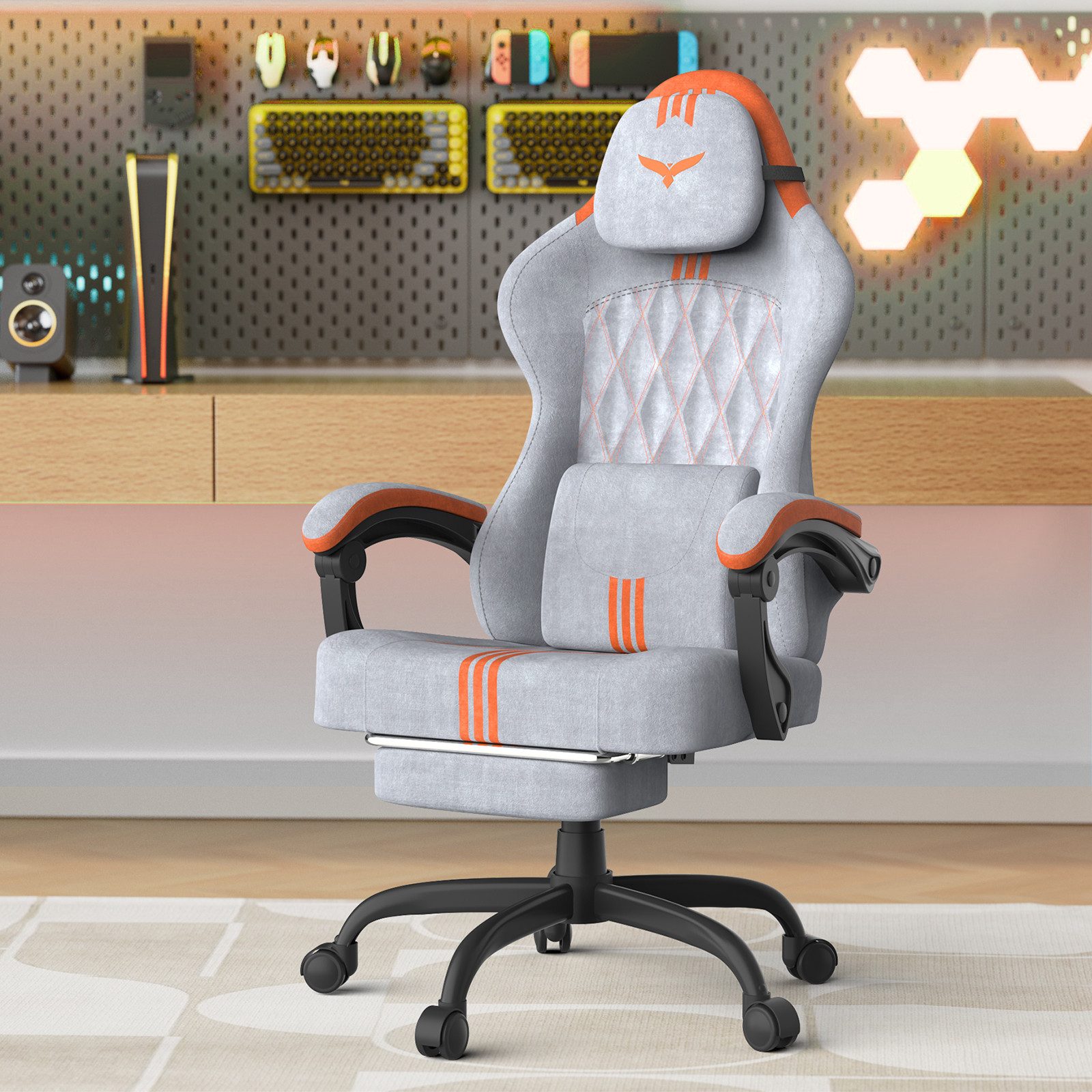 Huracan Gaming-Stuhl Gaming Chair mit Massagefunktion Kopfstütze & Fußstütze, (Gamer Stuhl,Gaming Sessel), Verstellbare Rückenlehne 90-135°,Höhenverstellbar – Bild 4 von 5