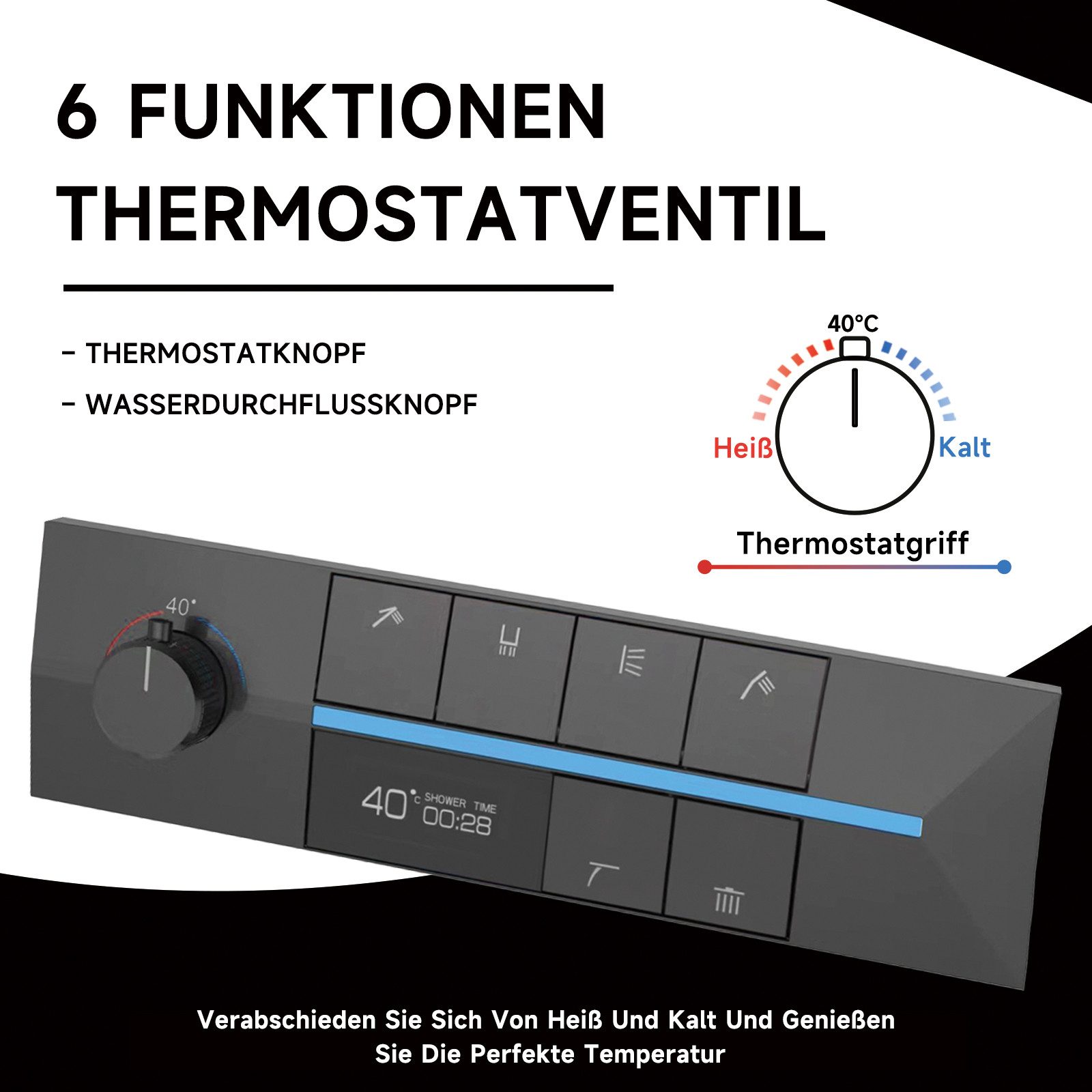 Oihpaw Duschsystem 900 x 300 mm 4 Funktions LED Musik Duschkopf, Ganzkörper Duschsystem, 4 Strahlart(en), Thermostatisches Duschventil mit 6 Funktionen – Bild 5 von 5