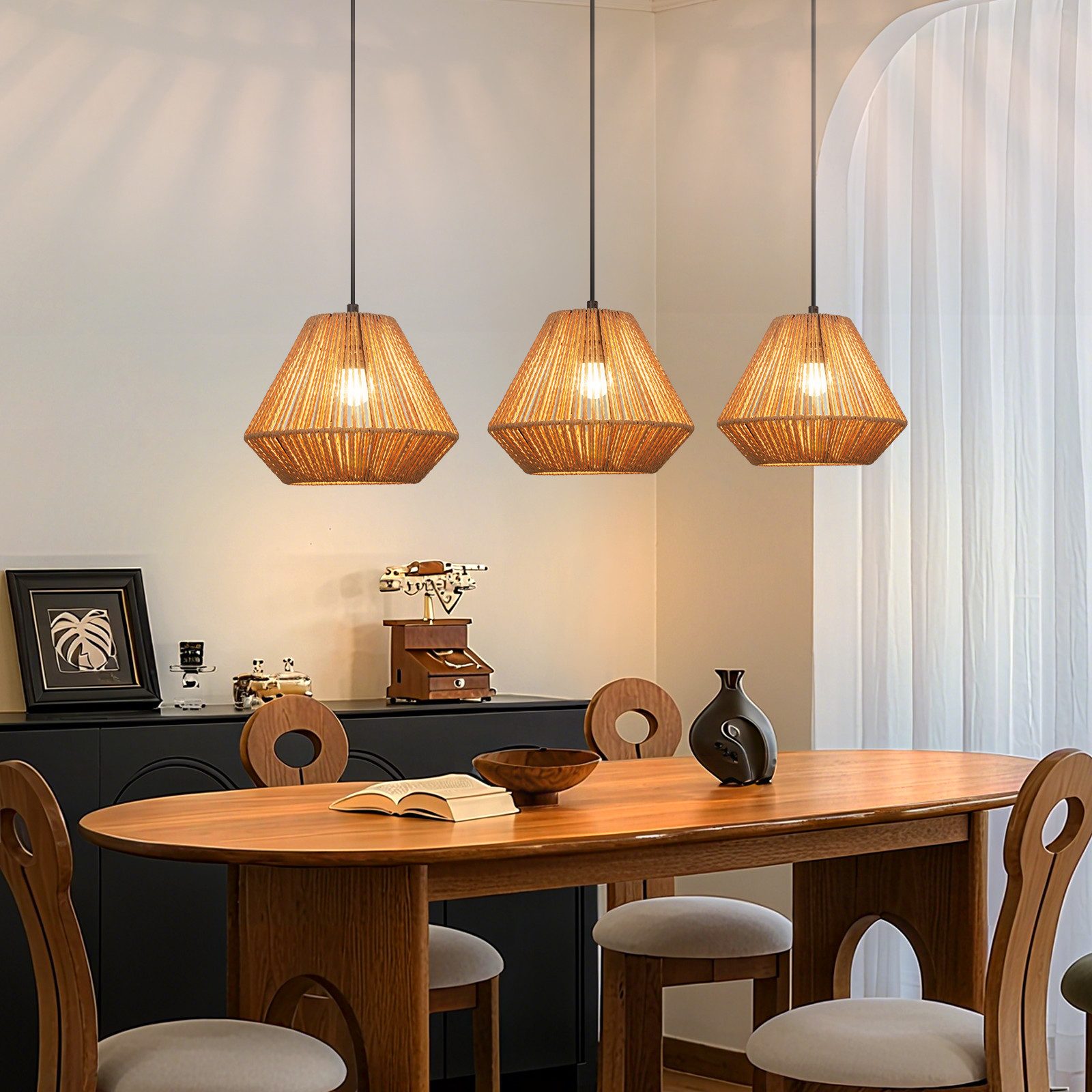 ZMH Pendelleuchte E27 3 Flammige Vintage Hängelampe Boho Papiergarn Deckenlamp, ohne Leuchtmittel
