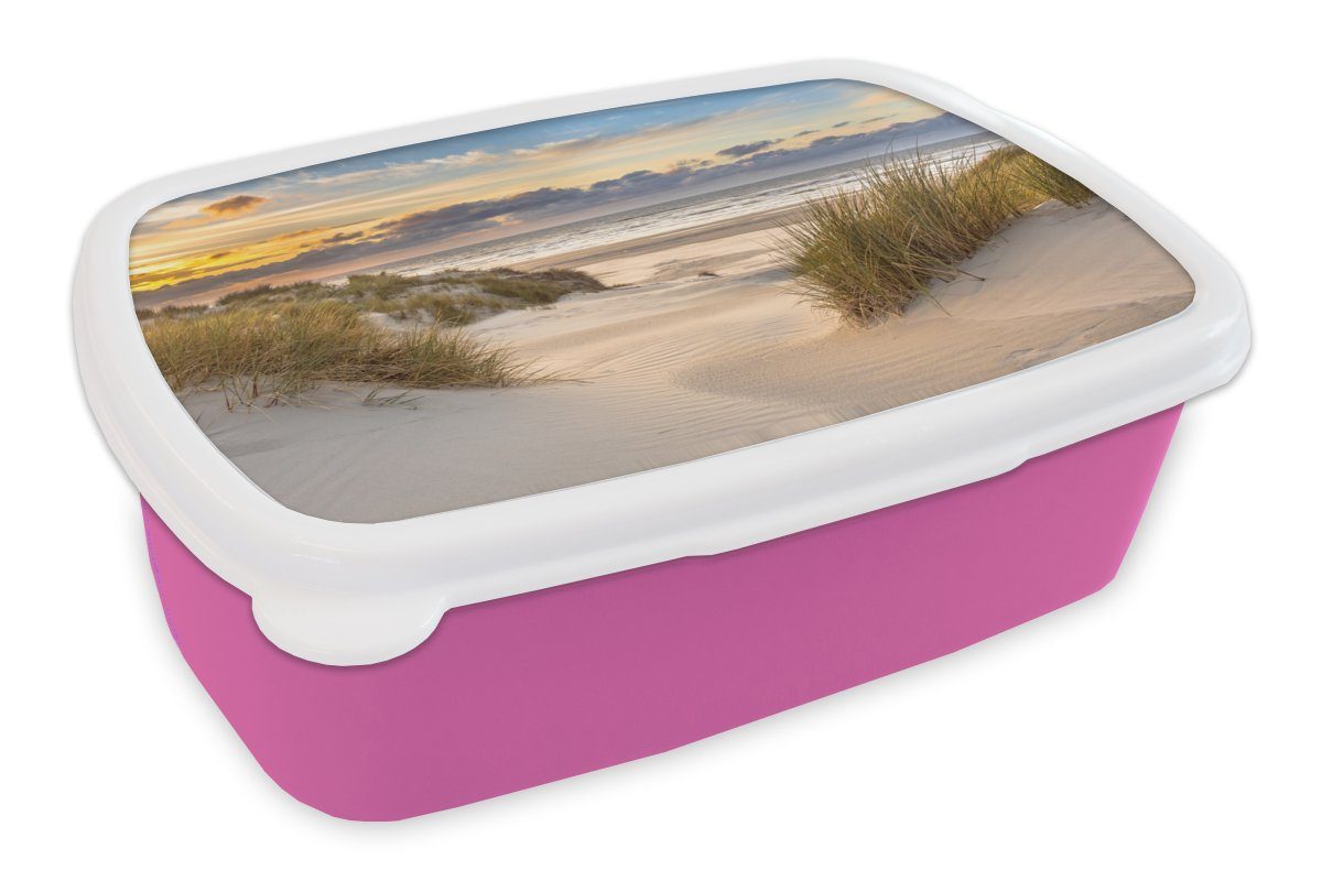 MuchoWow Lunchbox Strand - Düne - Gras - Sonnenuntergang - Meer, Kunststoff, (2-tlg), Brotbox für Erwachsene, Brotdose Kinder, Snackbox, Mädchen, Kunststoff rosa