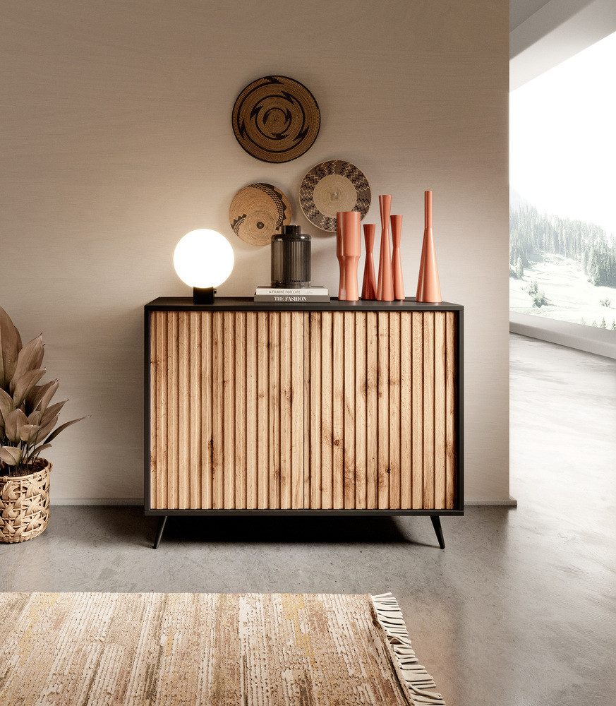 Selsey Sideboard BELLO, 2-türig mit Lamellenfronten und schwarzen Beinen, 1 günstig online kaufen