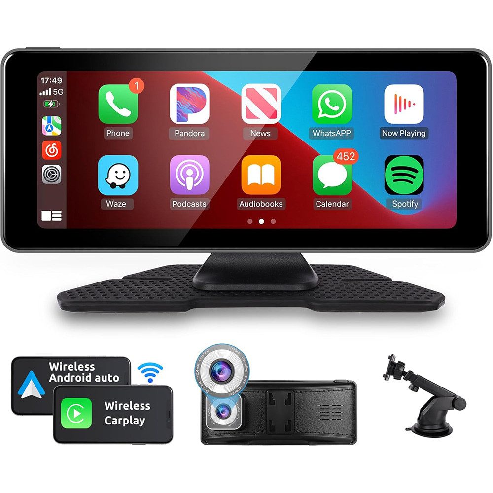 Hikity Tragbares Autoradio mit 6,86 Zoll Touchscreen und 4K Frontkamera Navigationsgerät (Kabelloses Apple Carplay und Android Auto)