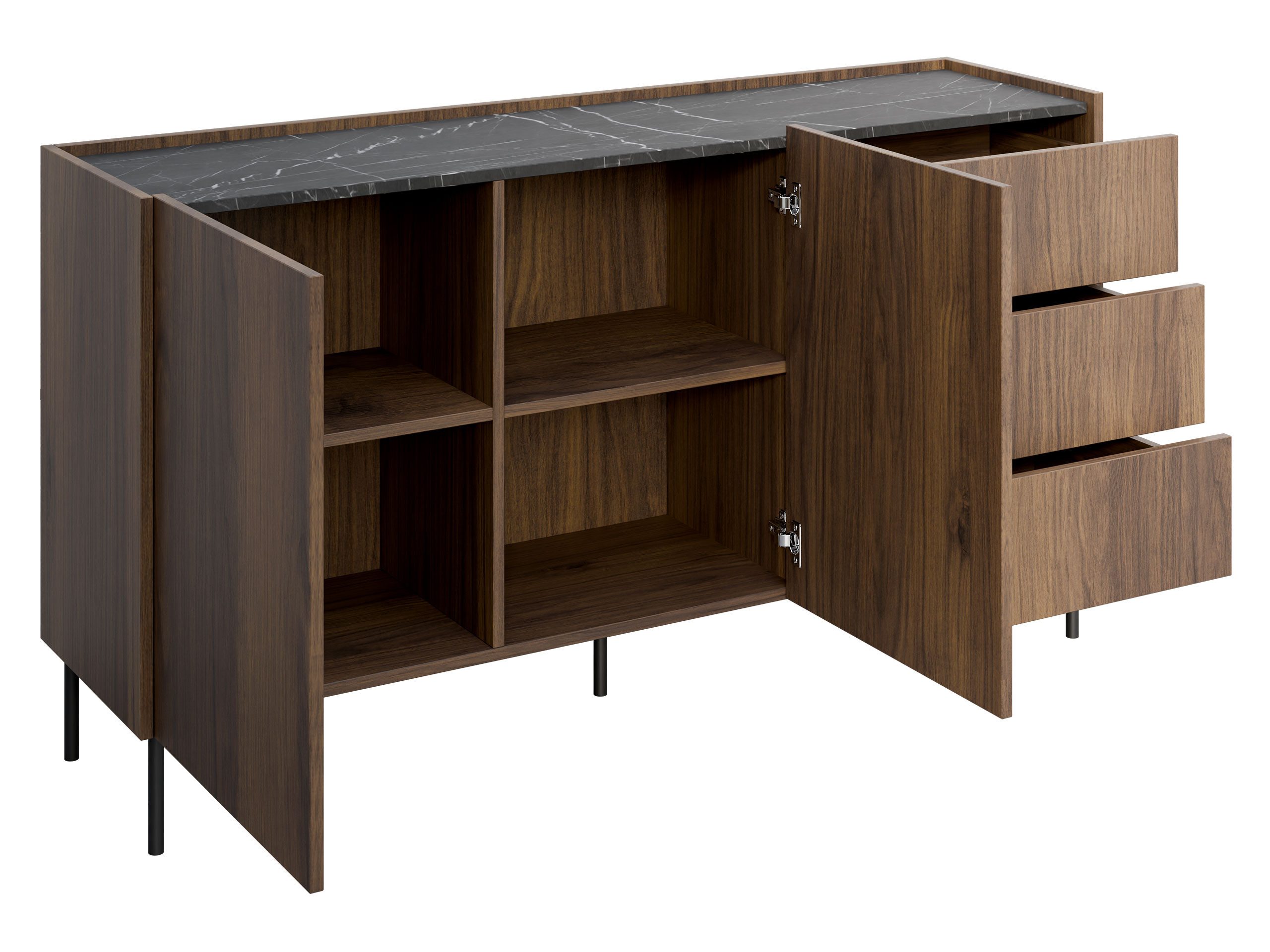 MIRJAN24 Kommode Tewos K160 3SZ (mit zwei Drehtüren und drei Schubladen), Schwarze Metallfüße