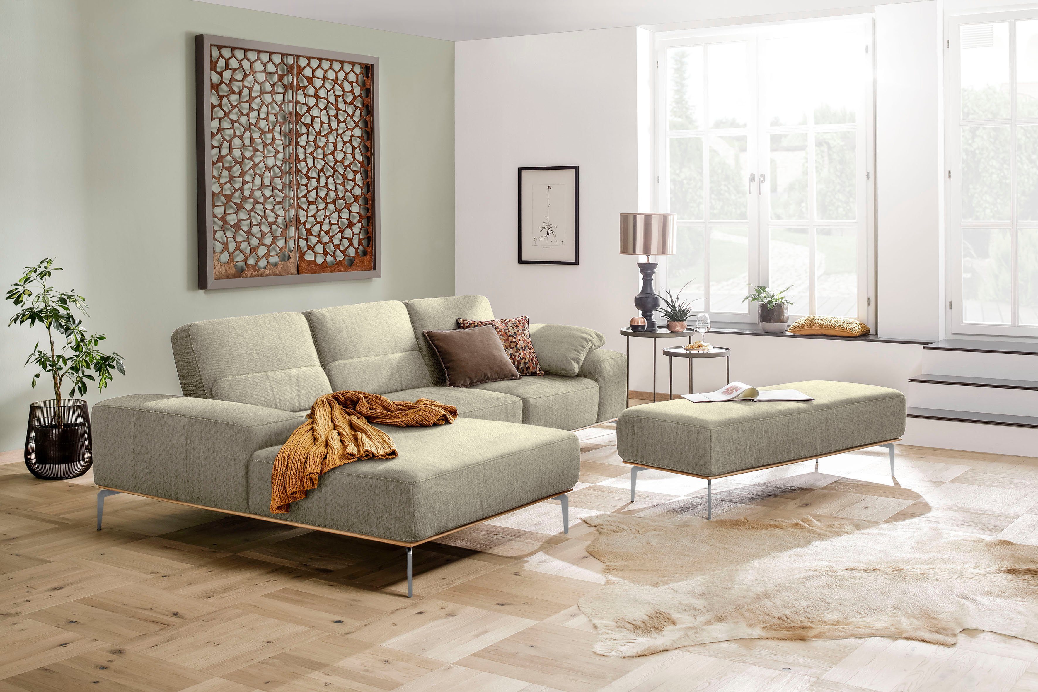 run, Holzsockel, 299 Ecksofa cm Füße Breite W.SCHILLIG glänzend, elegantem in Chrom mit