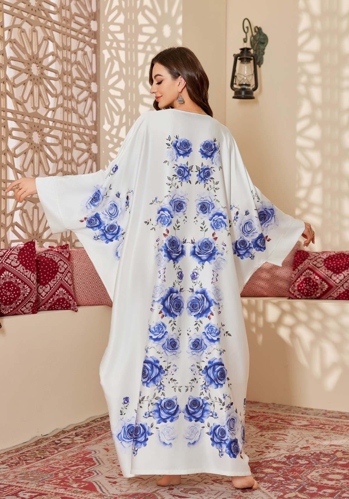 Vivi Idee Morgenmantel Kaftan Kimono Bademantel, Schlafmantel satin Sauna Einheitsgröße, Rund-Kragen/V-Kragen, kein Verschluss, Einheitsgröße, seidig – Bild 2 von 5