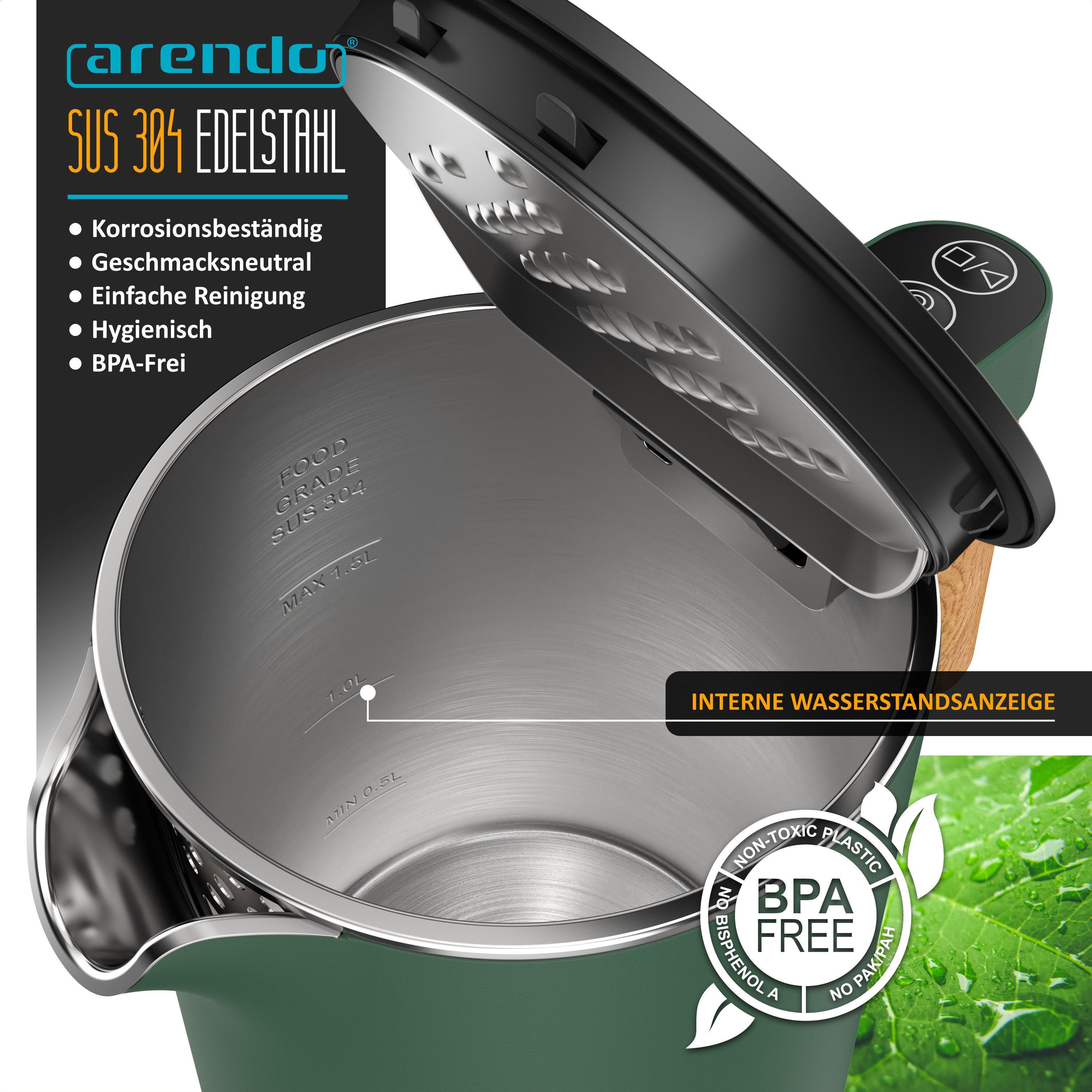 Arendo Frühstücks-Set Edelstahl Wasserkocher 1,5l, 4-Scheiben Langschlitz Toaster, grün (2-tlg), Wasserkocher mit Temperatureinstellung, Toaster Brötchenaufsatz – Bild 5 von 5