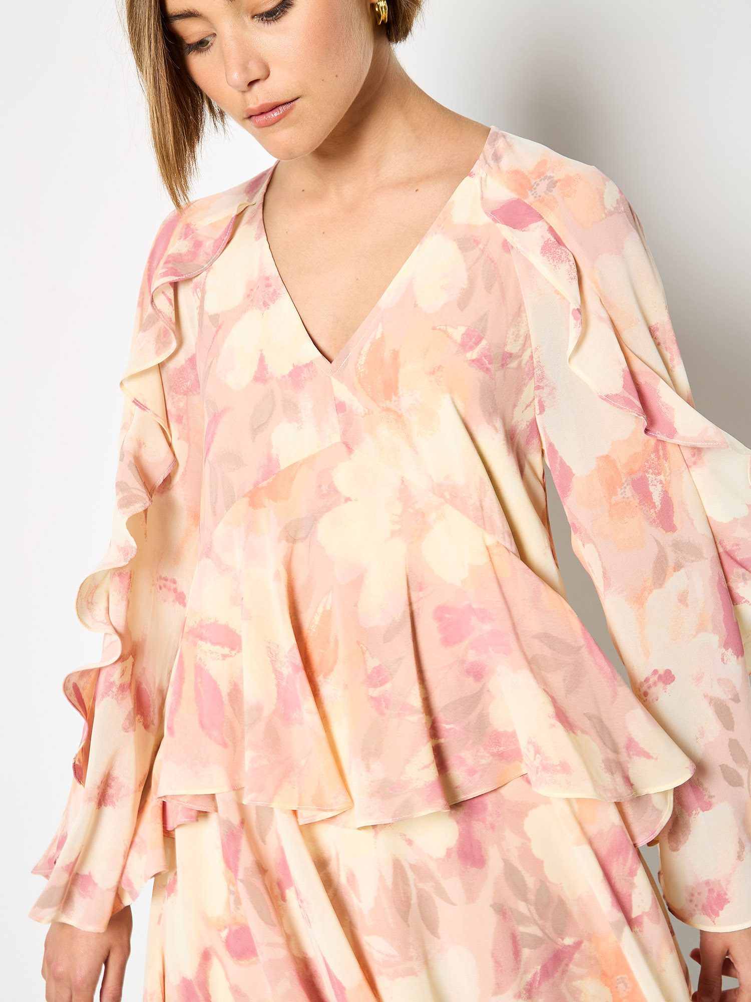 Apricot Druckkleid Mini-Kleid aus Chiffon mit Blumenmuster mit Rüschen